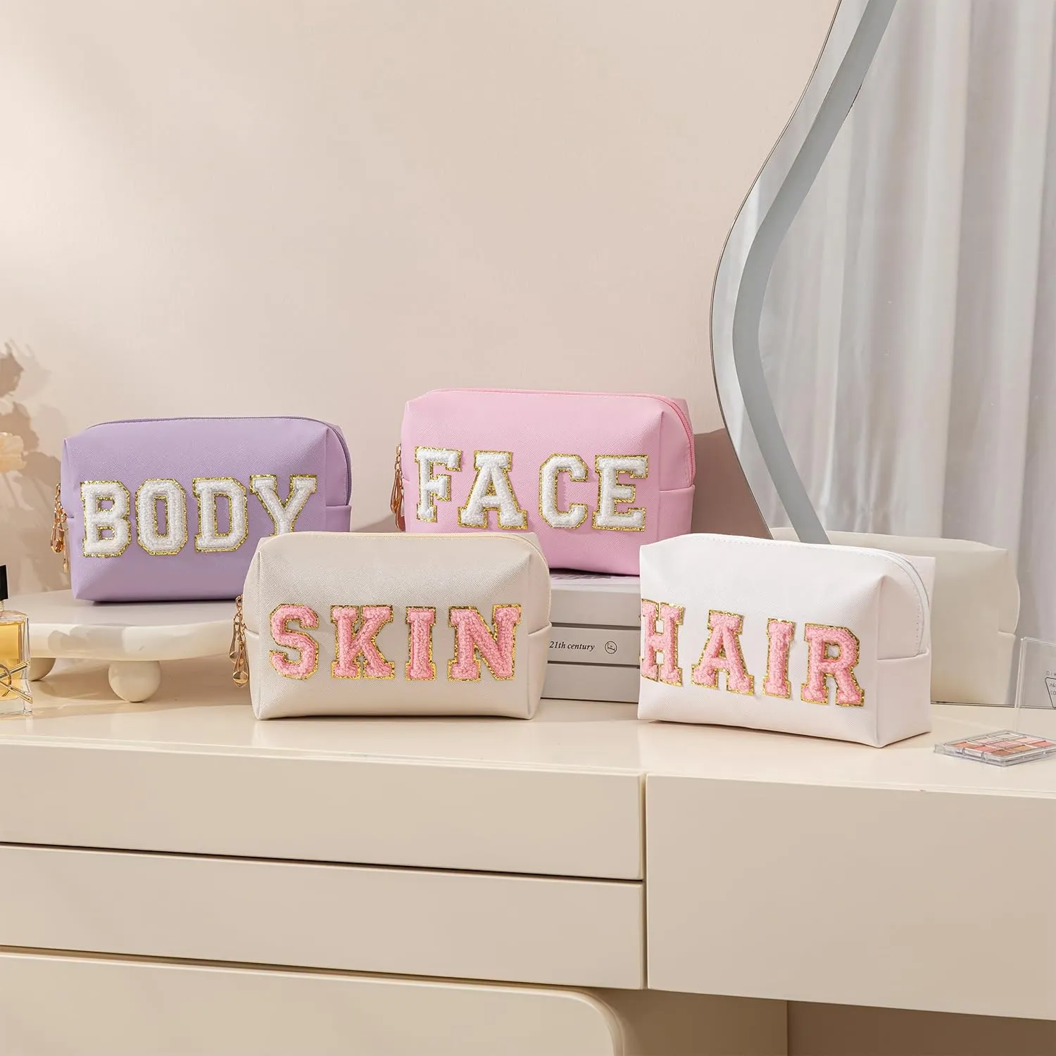 4PCS Preppy Makeup Bag for Women Travel Toiletry Bag Chenille Letter Cosmetic Bag PU Leather Waterproof Pouch Cute Zipper Organizer, Skin, Hair, Face and Body