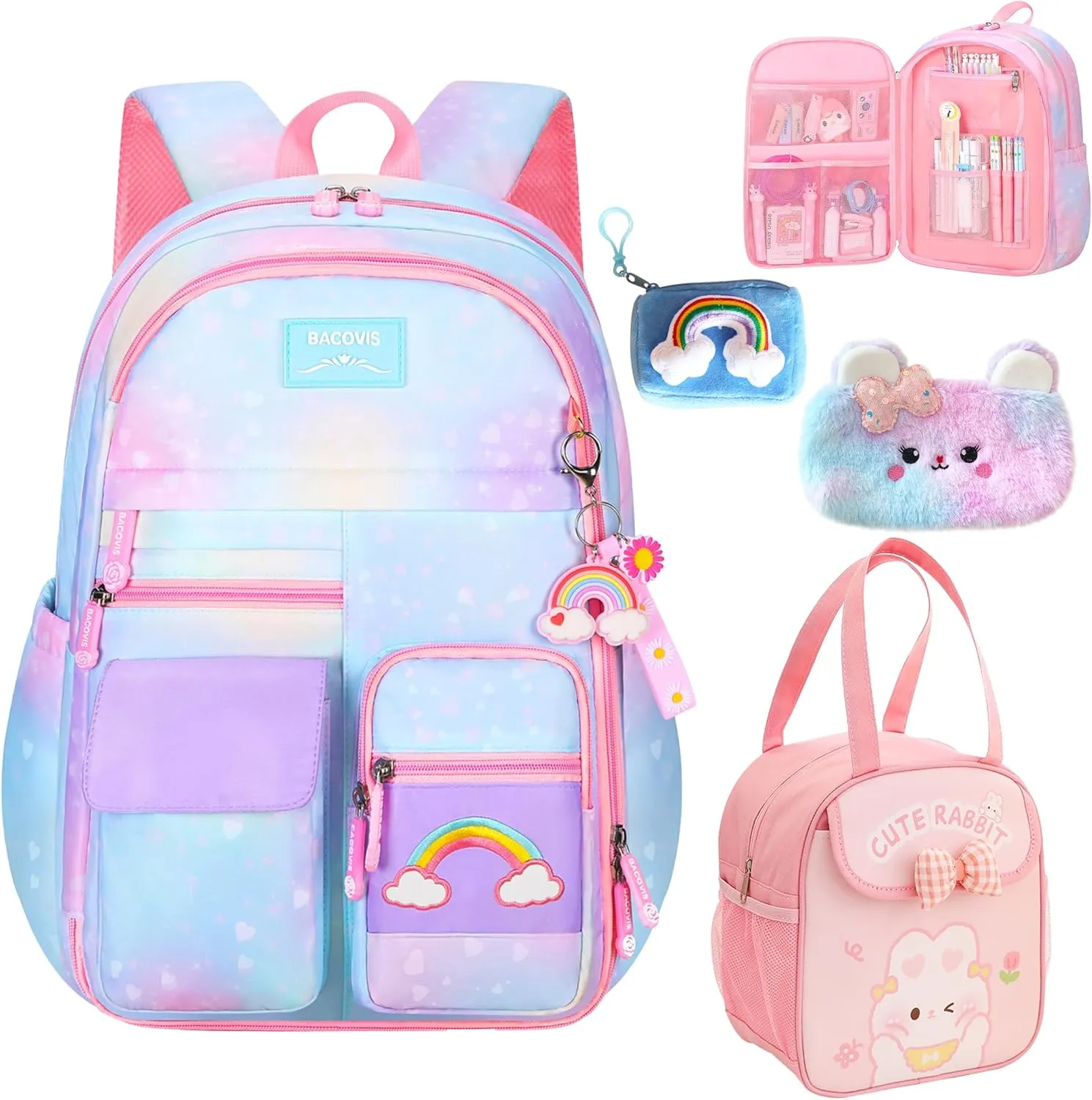 5Pcs Kawaii Backpack Set for Girls, Teens Bookbag Rainbow Laptop Bag Lightweight Daypack, Large Capacity School Backpack Kids Gradient Double Shoulder Backpack (Blue)