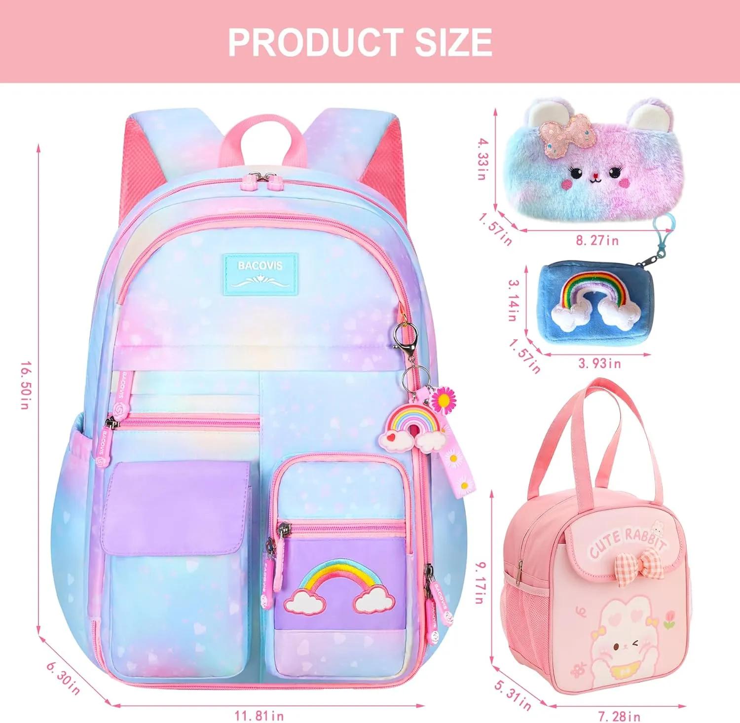 5Pcs Kawaii Backpack Set for Girls, Teens Bookbag Rainbow Laptop Bag Lightweight Daypack, Large Capacity School Backpack Kids Gradient Double Shoulder Backpack (Blue)