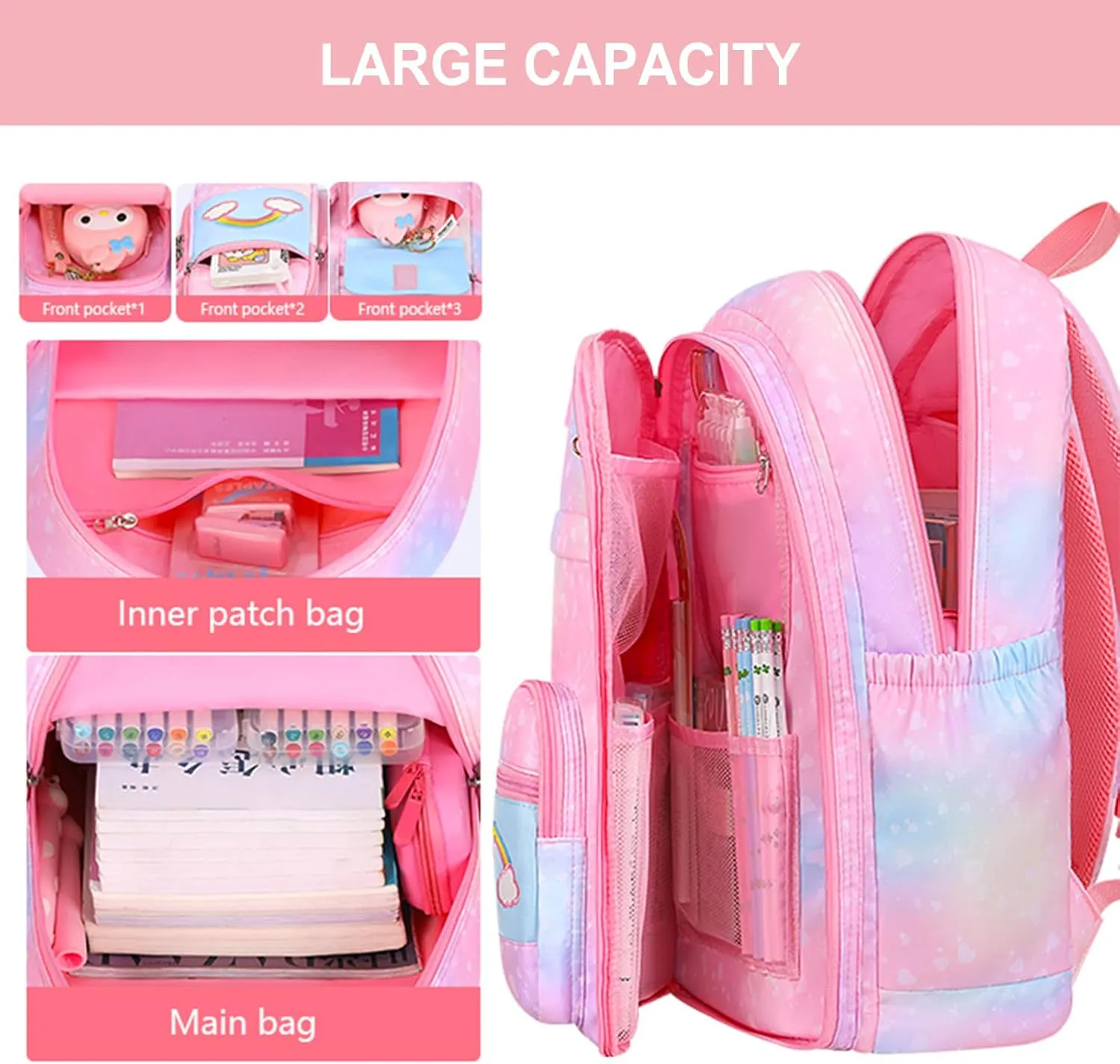 5Pcs Kawaii Backpack Set for Girls, Teens Bookbag Rainbow Laptop Bag Lightweight Daypack, Large Capacity School Backpack Kids Gradient Double Shoulder Backpack (Blue)