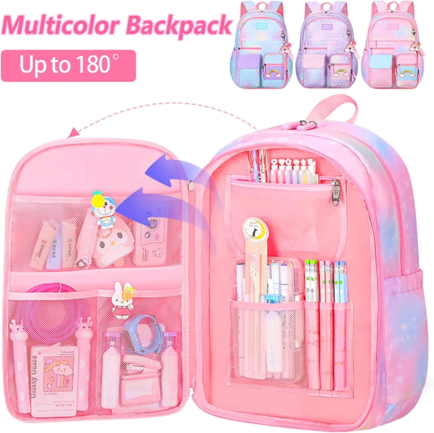 5Pcs Kawaii Backpack Set for Girls, Teens Bookbag Rainbow Laptop Bag Lightweight Daypack, Large Capacity School Backpack Kids Gradient Double Shoulder Backpack (Blue)