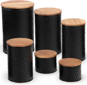 6 Canister Set for the Kitchen Countertop – Galvanized Metal Food Storage Canisters with Airtight Lids for Flour, Tea, Crafts, Coffee, & Sugar – Container Set with Modern Wood Lids, Black