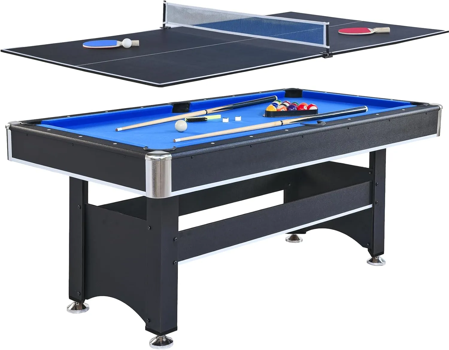 6-FT Pool Table with Ping Pong Table Combo, 2-in-1 Multi Game Table for Family Recreation -Includes Billiard Balls, Cues, Paddles, Brush-Stable Structure, Easy to Assemble