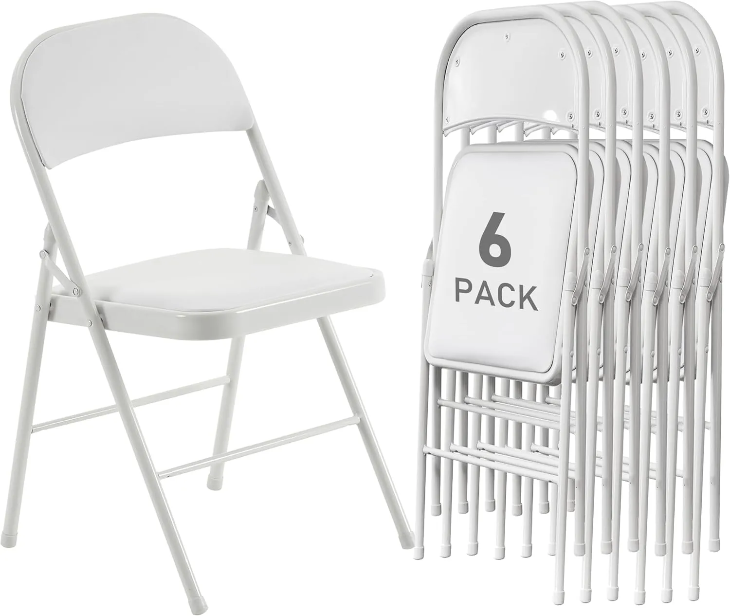 6 Pack White Folding Chairs with Padded Cushion and Back for Outside Portable Stackable Commercial Foldable Chairs with Steel Frame for Events Office Wedding Party, 330lbs Capacity