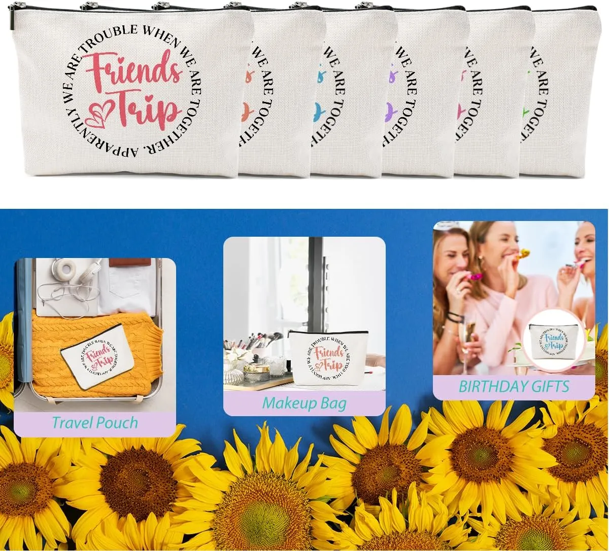 6 Pcs Girls Trip Gifts Girls Weekend 2025 Makeup Bag Friends Trip Gifts Favors Summer Gifts Cosmetic Bag Toiletry Bag Zipper Pouch Weekender Bags for Women Girl Friendship Bachelorette Party Birthday