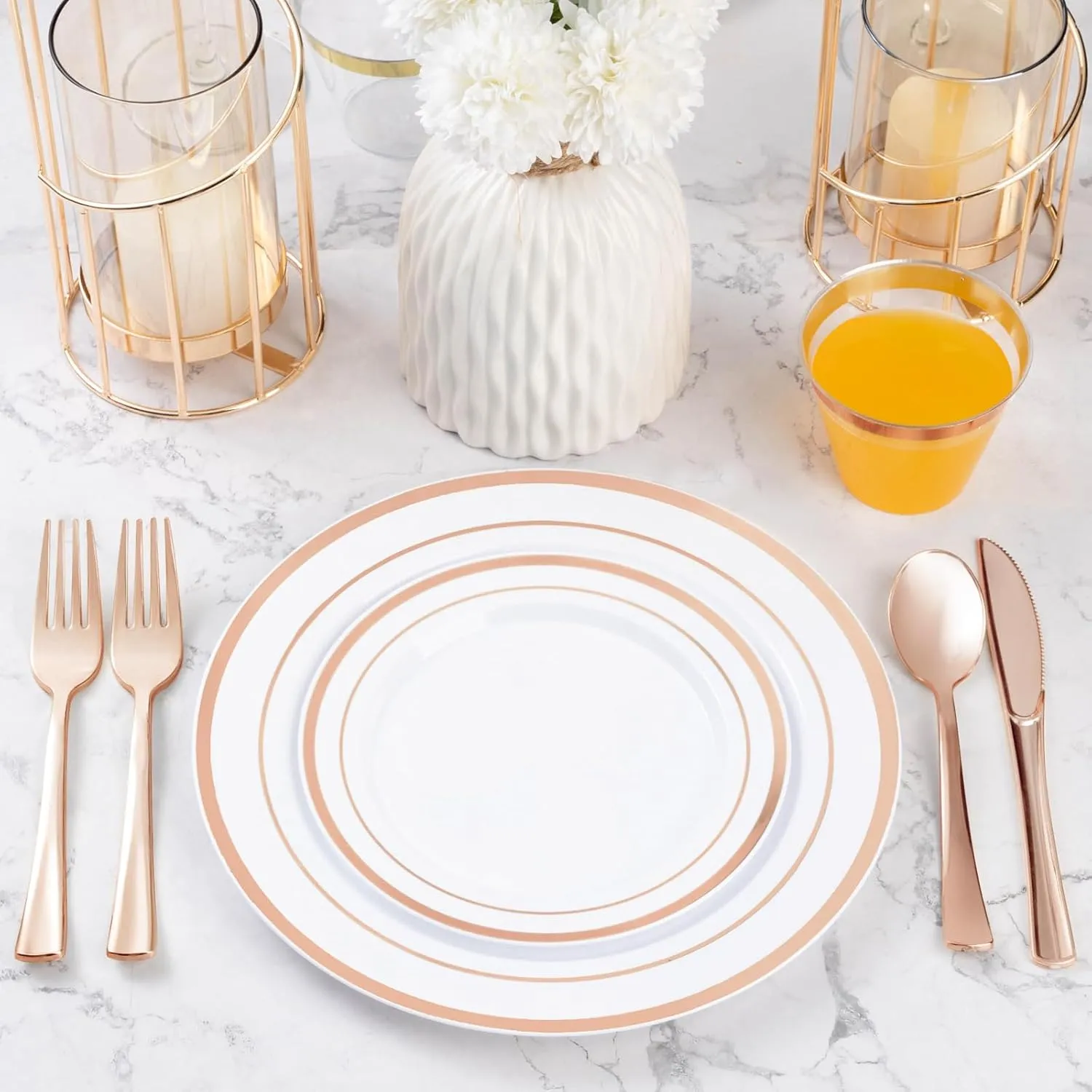 600PCS Rose Gold Plastic Plate Set (100 Guests), Disposable Dinnerware Set for Party, Wedding, Birthday - 200 Plates, 200 Forks, 100 Spoons, 100 Knives