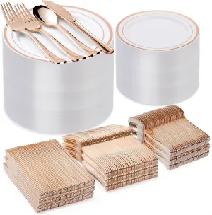 600PCS Rose Gold Plastic Plate Set (100 Guests), Disposable Dinnerware Set for Party, Wedding, Birthday - 200 Plates, 200 Forks, 100 Spoons, 100 Knives