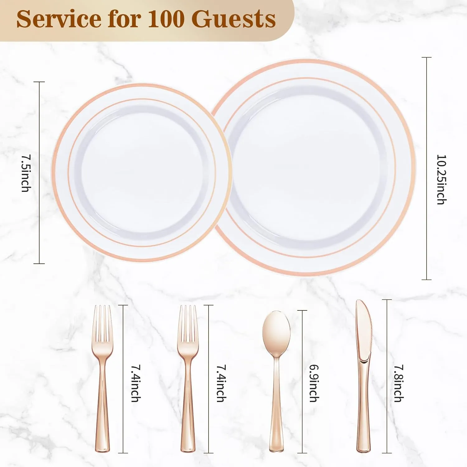 600PCS Rose Gold Plastic Plate Set (100 Guests), Disposable Dinnerware Set for Party, Wedding, Birthday - 200 Plates, 200 Forks, 100 Spoons, 100 Knives