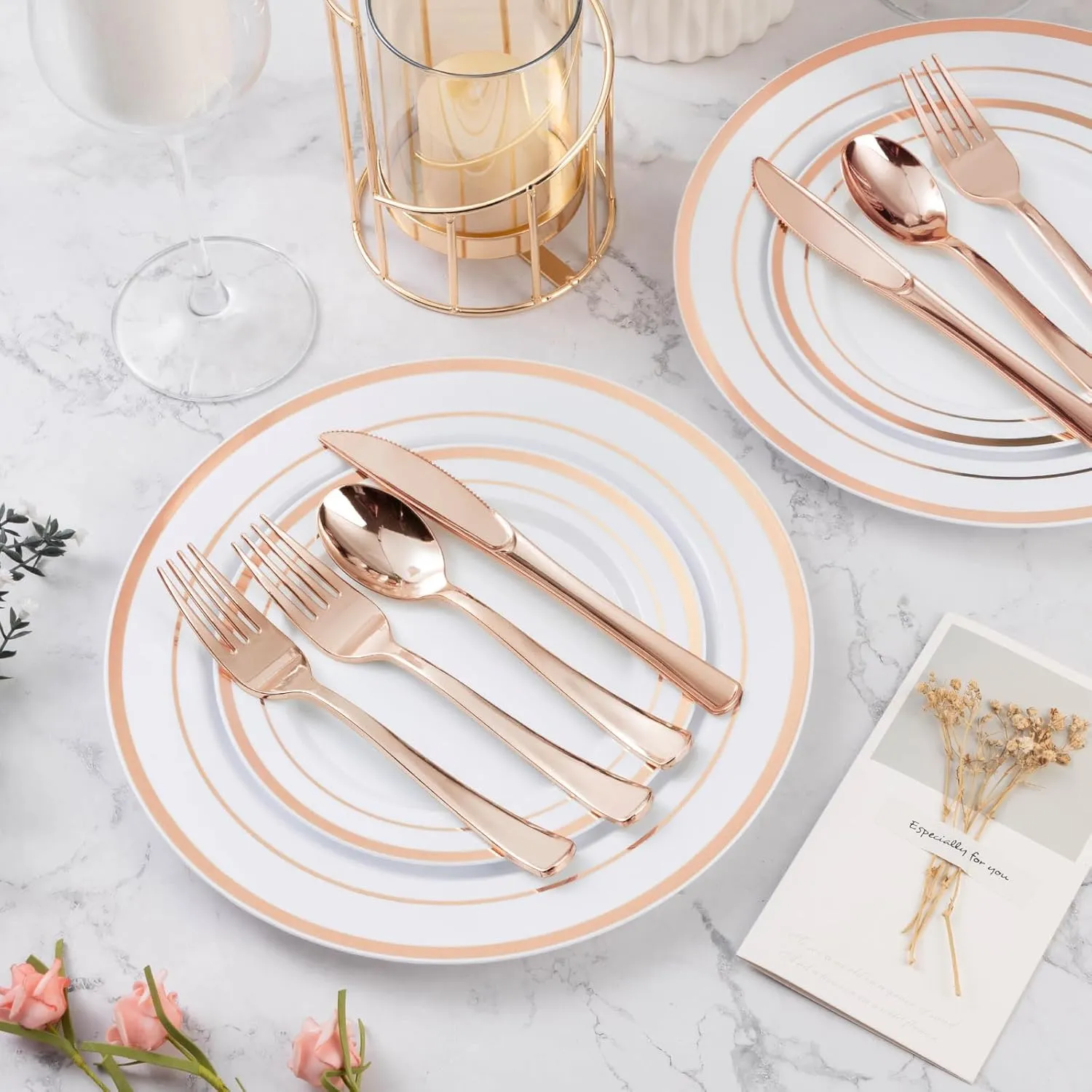 600PCS Rose Gold Plastic Plate Set (100 Guests), Disposable Dinnerware Set for Party, Wedding, Birthday - 200 Plates, 200 Forks, 100 Spoons, 100 Knives