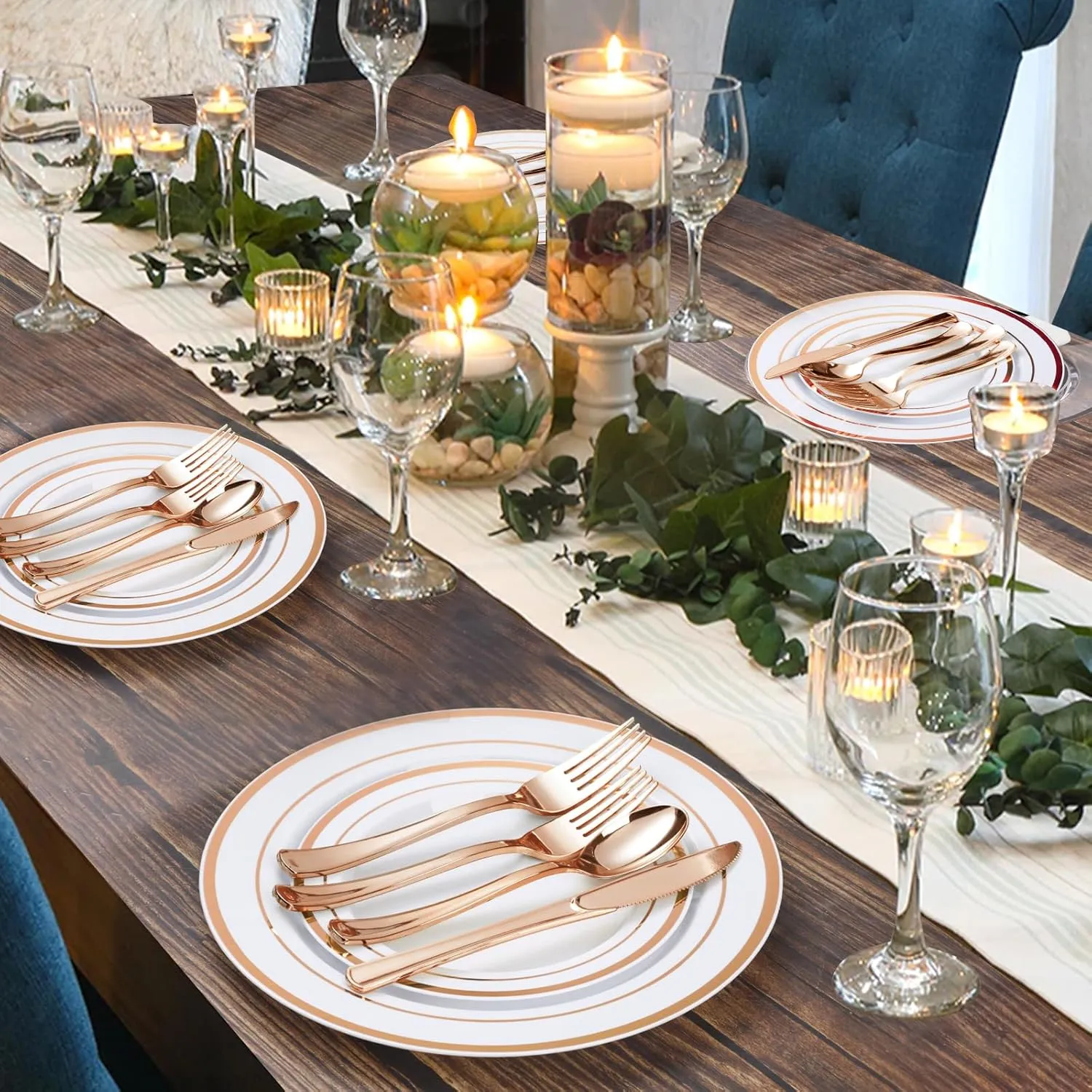600PCS Rose Gold Plastic Plate Set (100 Guests), Disposable Dinnerware Set for Party, Wedding, Birthday - 200 Plates, 200 Forks, 100 Spoons, 100 Knives