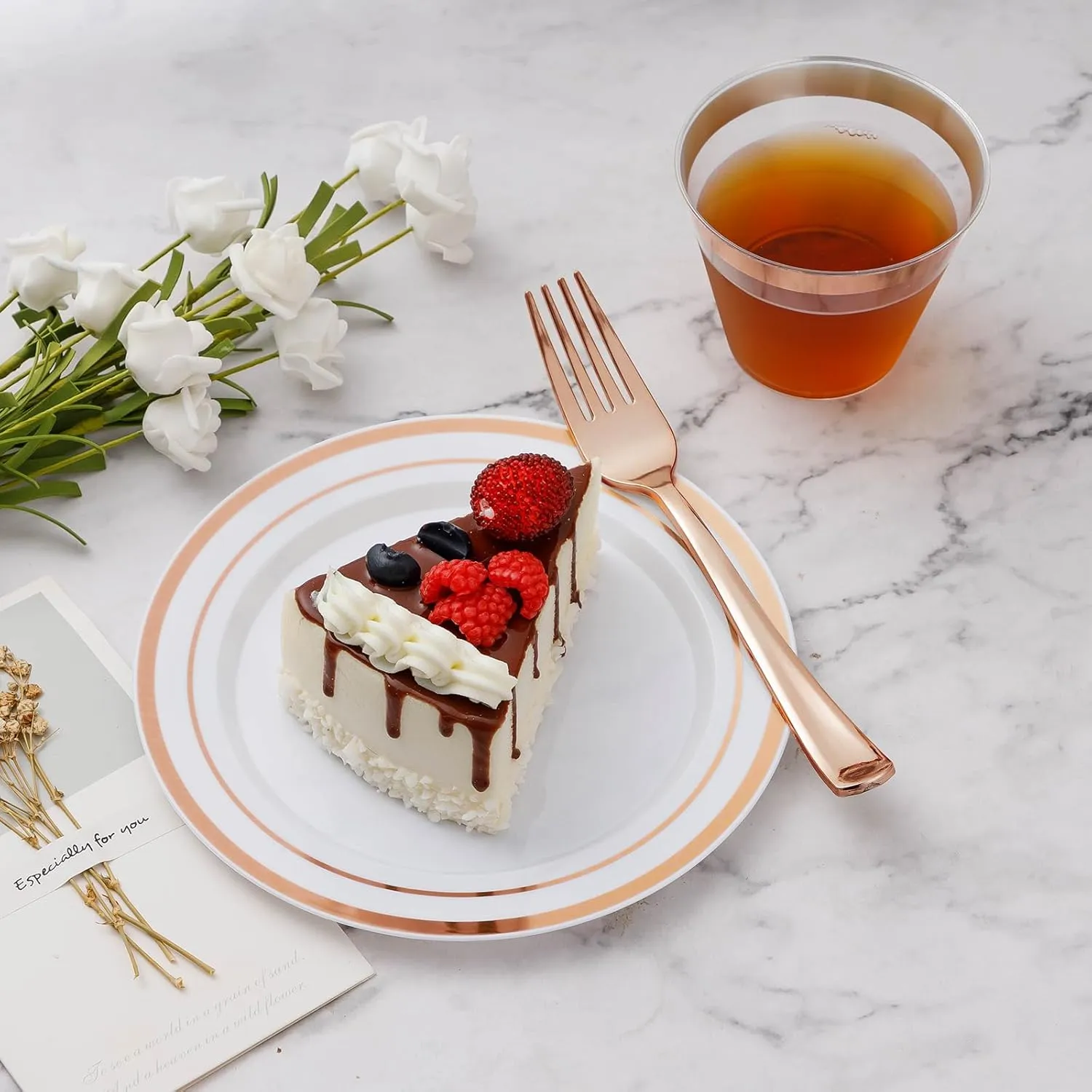 600PCS Rose Gold Plastic Plate Set (100 Guests), Disposable Dinnerware Set for Party, Wedding, Birthday - 200 Plates, 200 Forks, 100 Spoons, 100 Knives