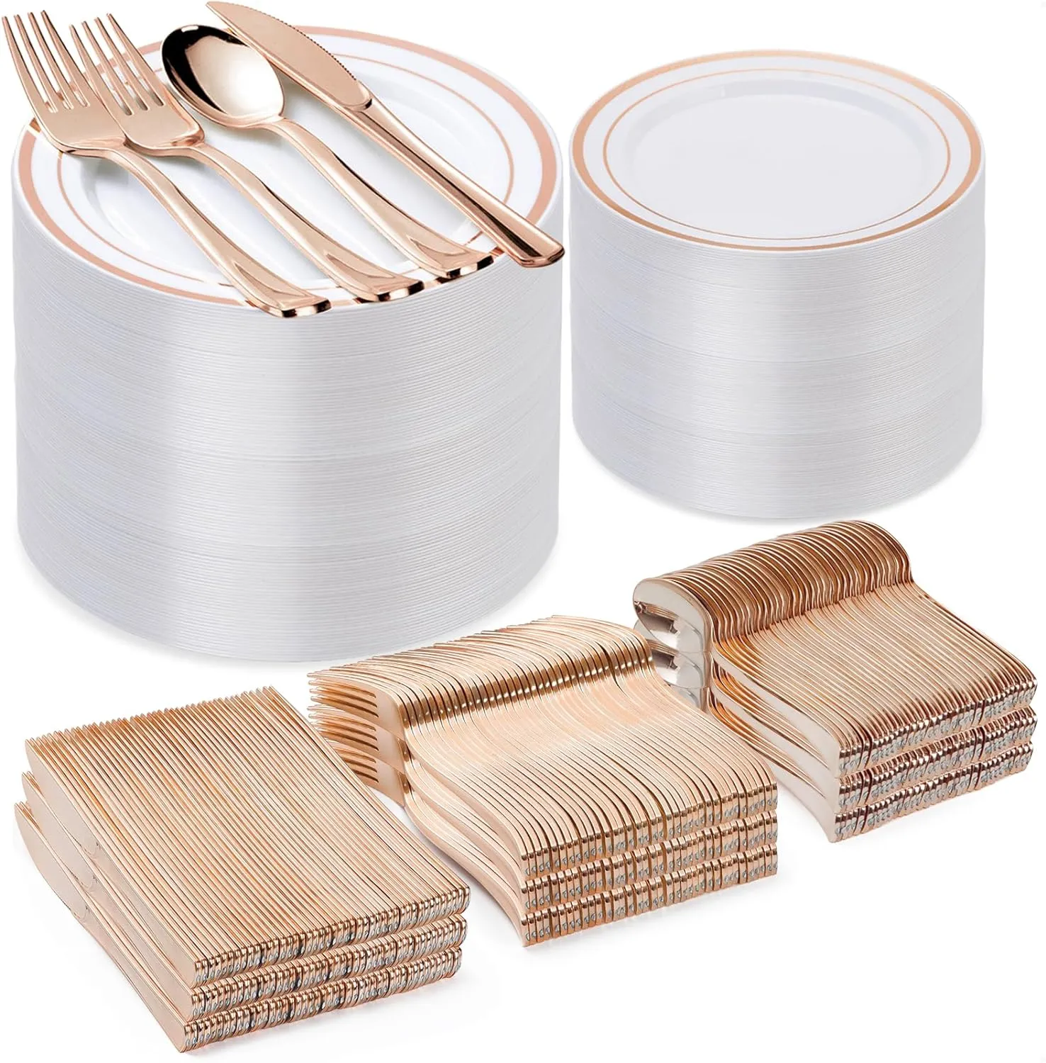 600PCS Rose Gold Plastic Plate Set (100 Guests), Disposable Dinnerware Set for Party, Wedding, Birthday - 200 Plates, 200 Forks, 100 Spoons, 100 Knives