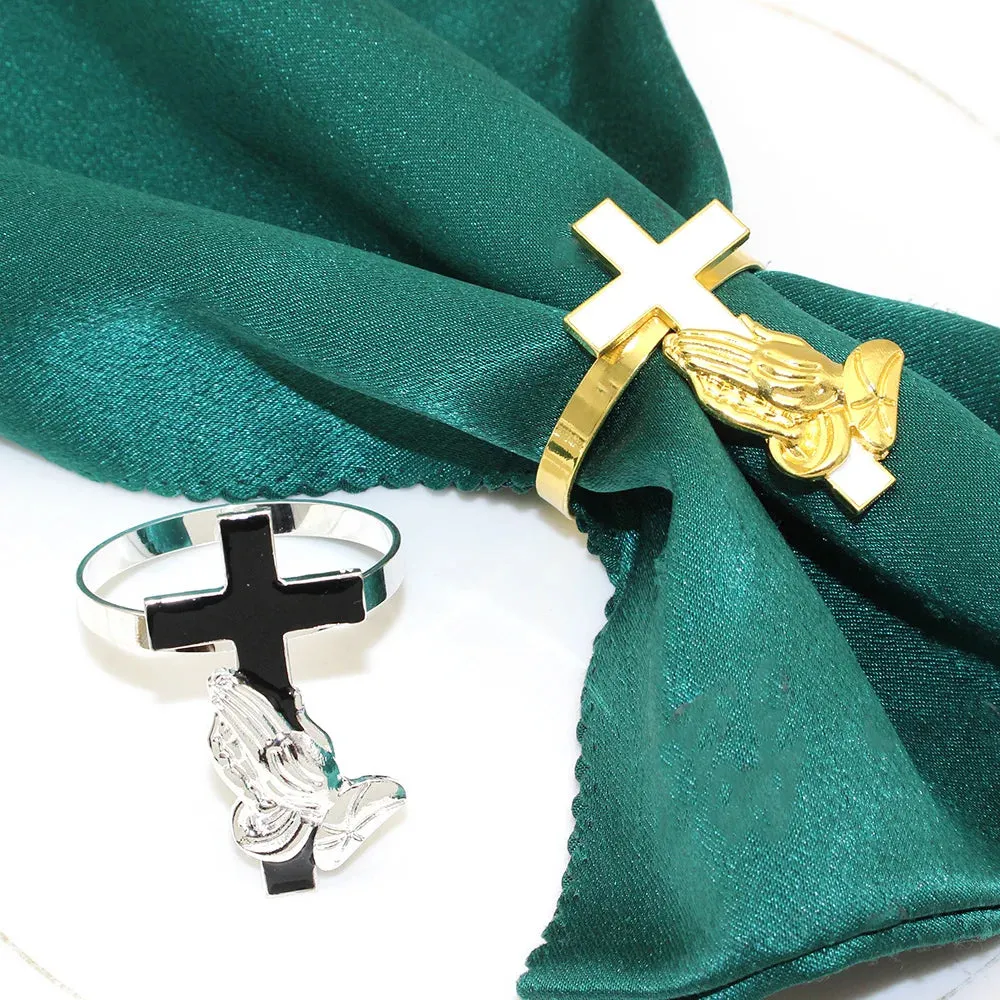 6Pcs Cross Praying Hands Napkin Rings Religious Christian Napkin Holder Gold Napkin Buckle for Various Prayer Party Table Decor
