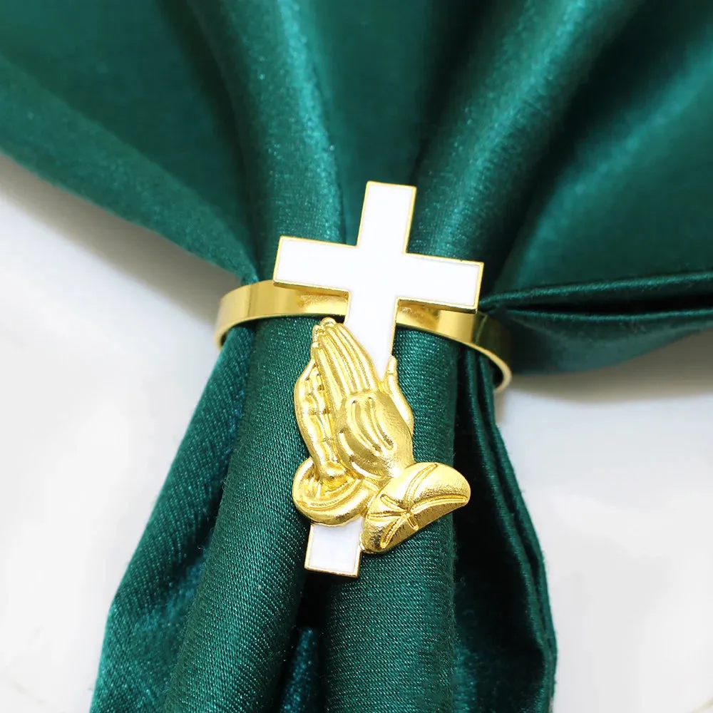 6Pcs Cross Praying Hands Napkin Rings Religious Christian Napkin Holder Gold Napkin Buckle for Various Prayer Party Table Decor