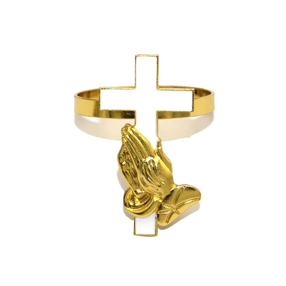 6Pcs Cross Praying Hands Napkin Rings Religious Christian Napkin Holder Gold Napkin Buckle for Various Prayer Party Table Decor