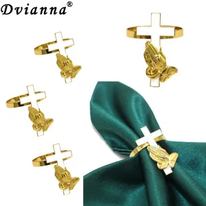 6Pcs Cross Praying Hands Napkin Rings Religious Christian Napkin Holder Gold Napkin Buckle for Various Prayer Party Table Decor