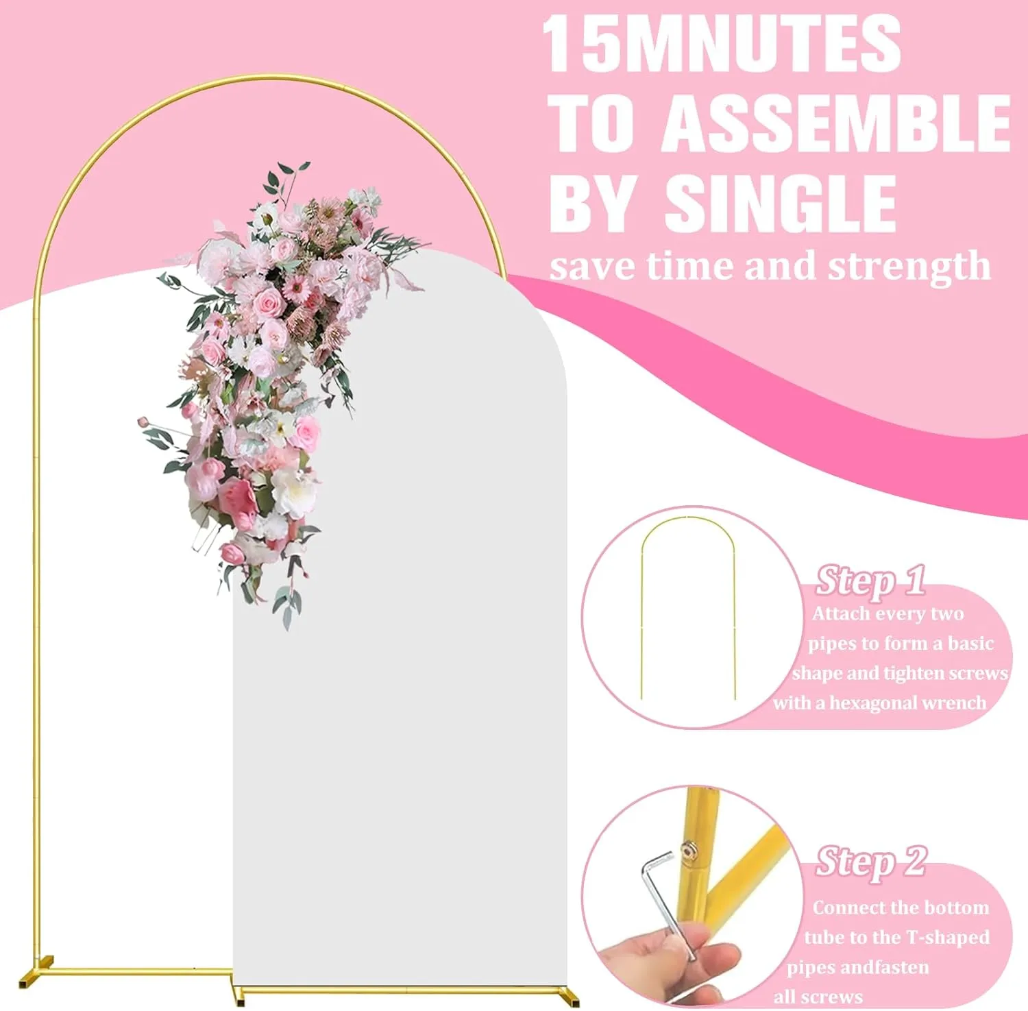 7.2FT Arch Backdrop Stand and Arch Cover Set, Gold Metal Arch Stand Backdrop with White Arch Stand Cover Ideal for Weddings, Birthday Parties, Baby Showers, Celebration Decorations