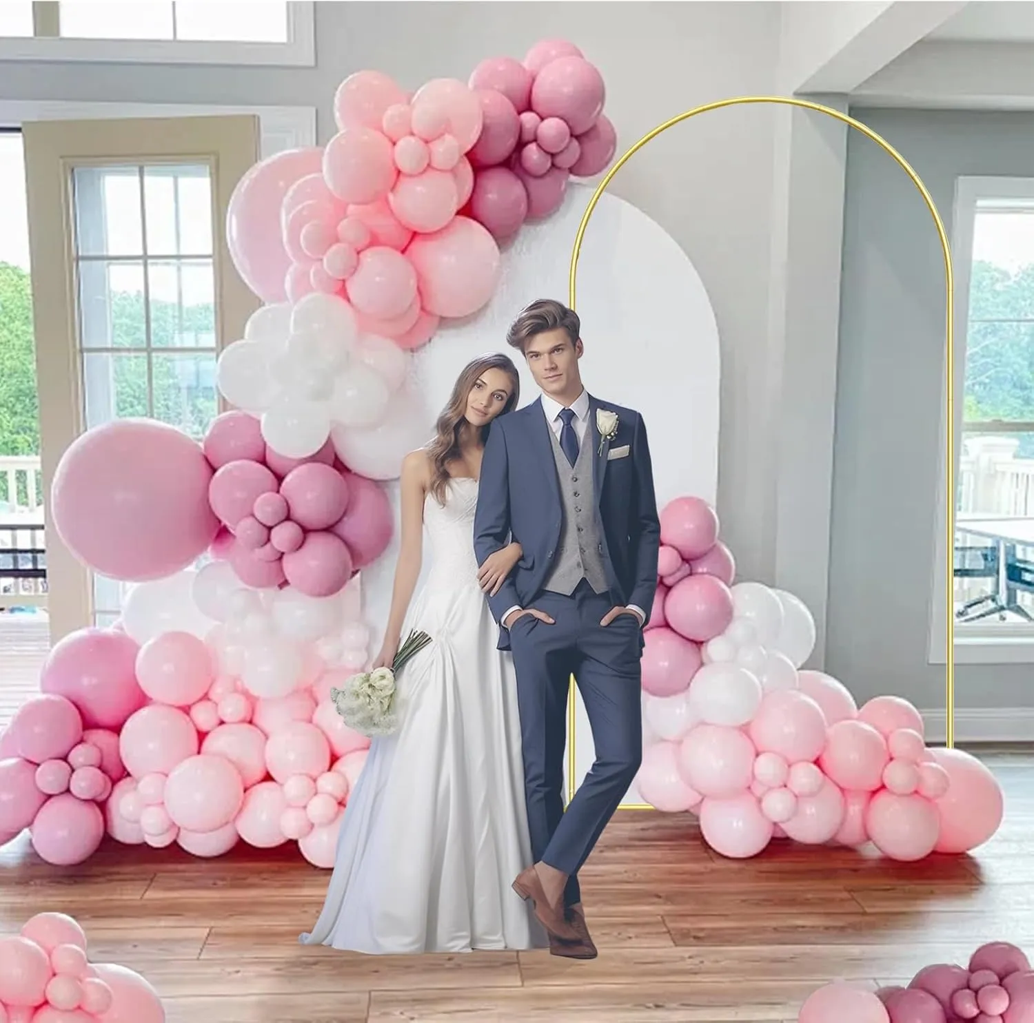 7.2FT Arch Backdrop Stand and Arch Cover Set, Gold Metal Arch Stand Backdrop with White Arch Stand Cover Ideal for Weddings, Birthday Parties, Baby Showers, Celebration Decorations