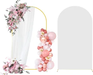 7.2FT Arch Backdrop Stand and Arch Cover Set, Gold Metal Arch Stand Backdrop with White Arch Stand Cover Ideal for Weddings, Birthday Parties, Baby Showers, Celebration Decorations