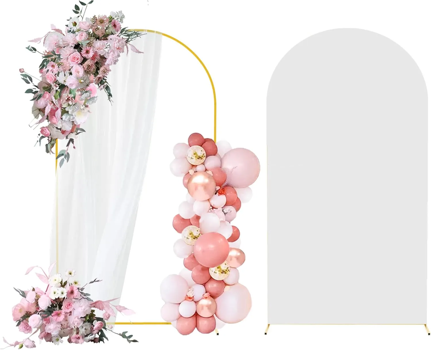 7.2FT Arch Backdrop Stand and Arch Cover Set, Gold Metal Arch Stand Backdrop with White Arch Stand Cover Ideal for Weddings, Birthday Parties, Baby Showers, Celebration Decorations