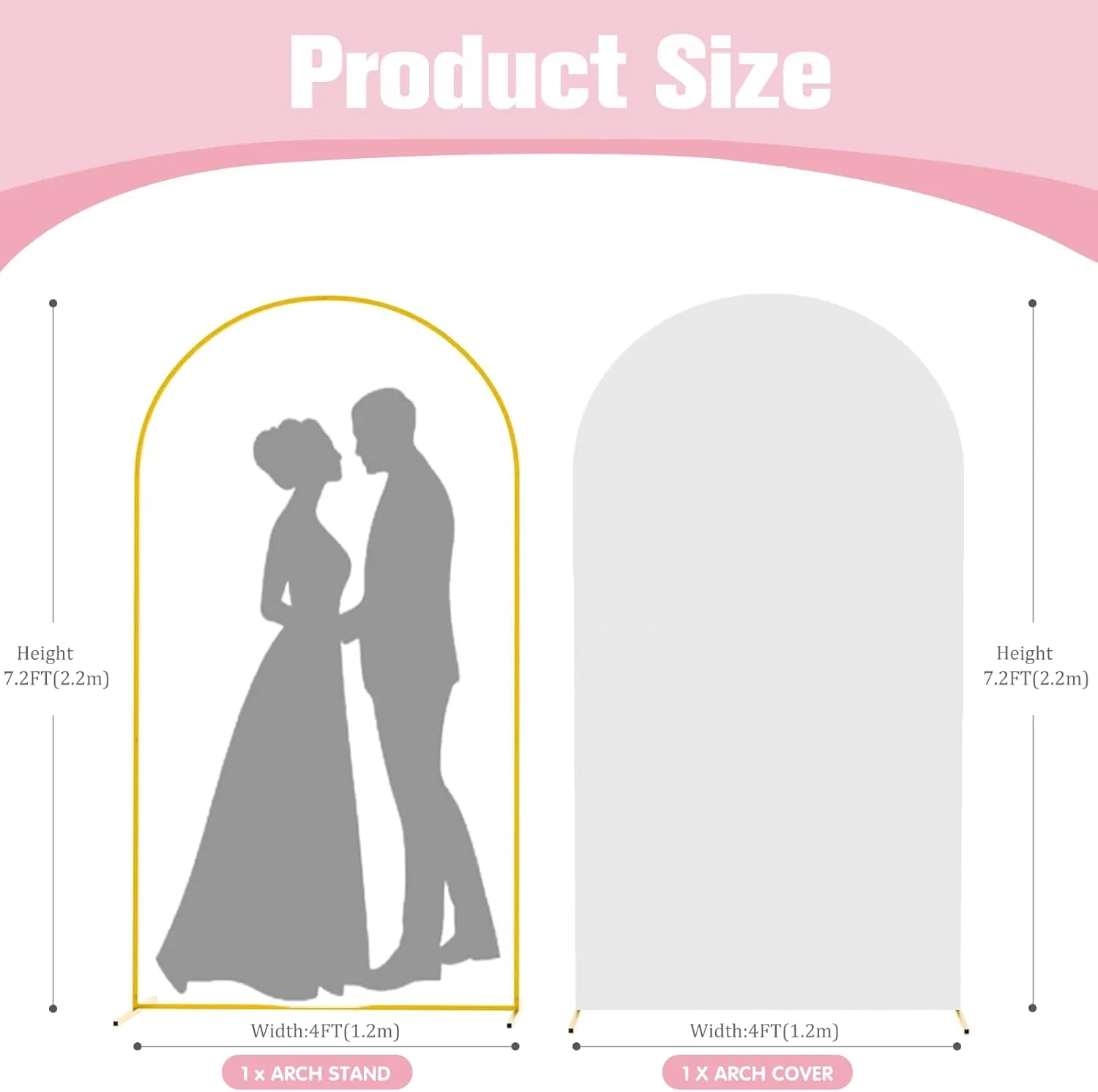 7.2FT Arch Backdrop Stand and Arch Cover Set, Gold Metal Arch Stand Backdrop with White Arch Stand Cover Ideal for Weddings, Birthday Parties, Baby Showers, Celebration Decorations