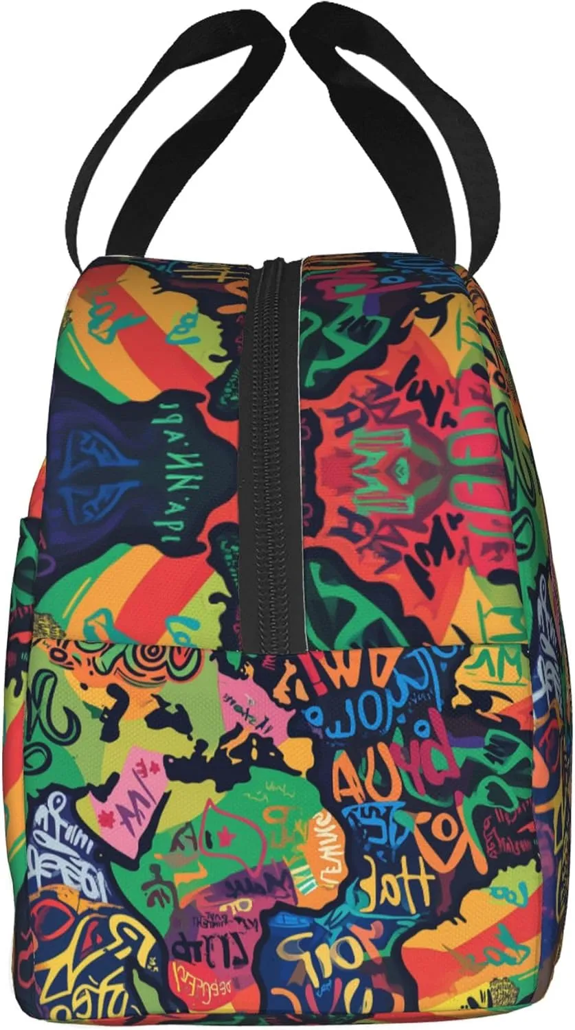 80s 90s Abstract Graffiti Lunch Bag, Unisex Reusable Insulated Lunch Tote Box, Thermal Cooler Sack Food Handbags Case High Capacity for Travel Work Picnic