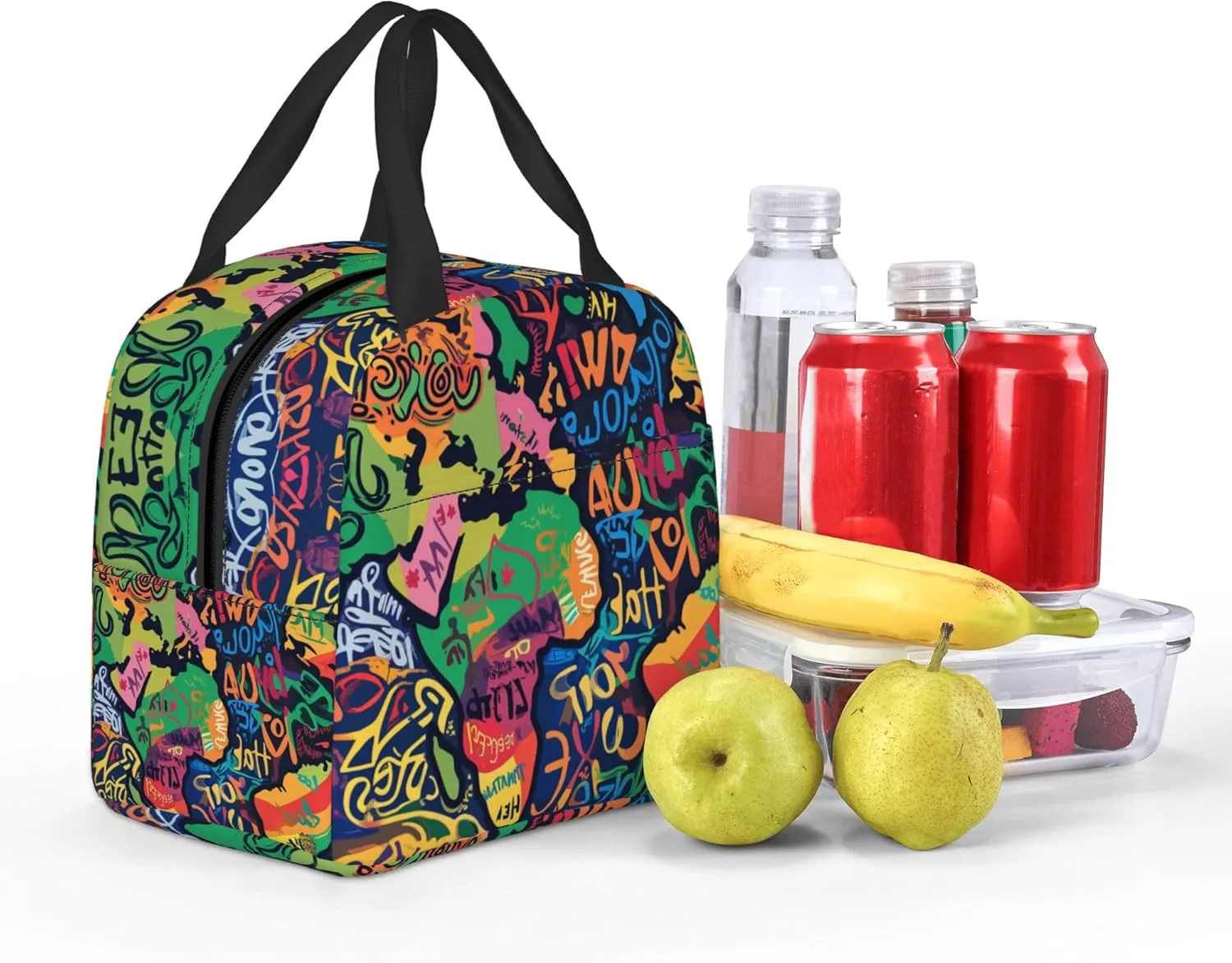 80s 90s Abstract Graffiti Lunch Bag, Unisex Reusable Insulated Lunch Tote Box, Thermal Cooler Sack Food Handbags Case High Capacity for Travel Work Picnic