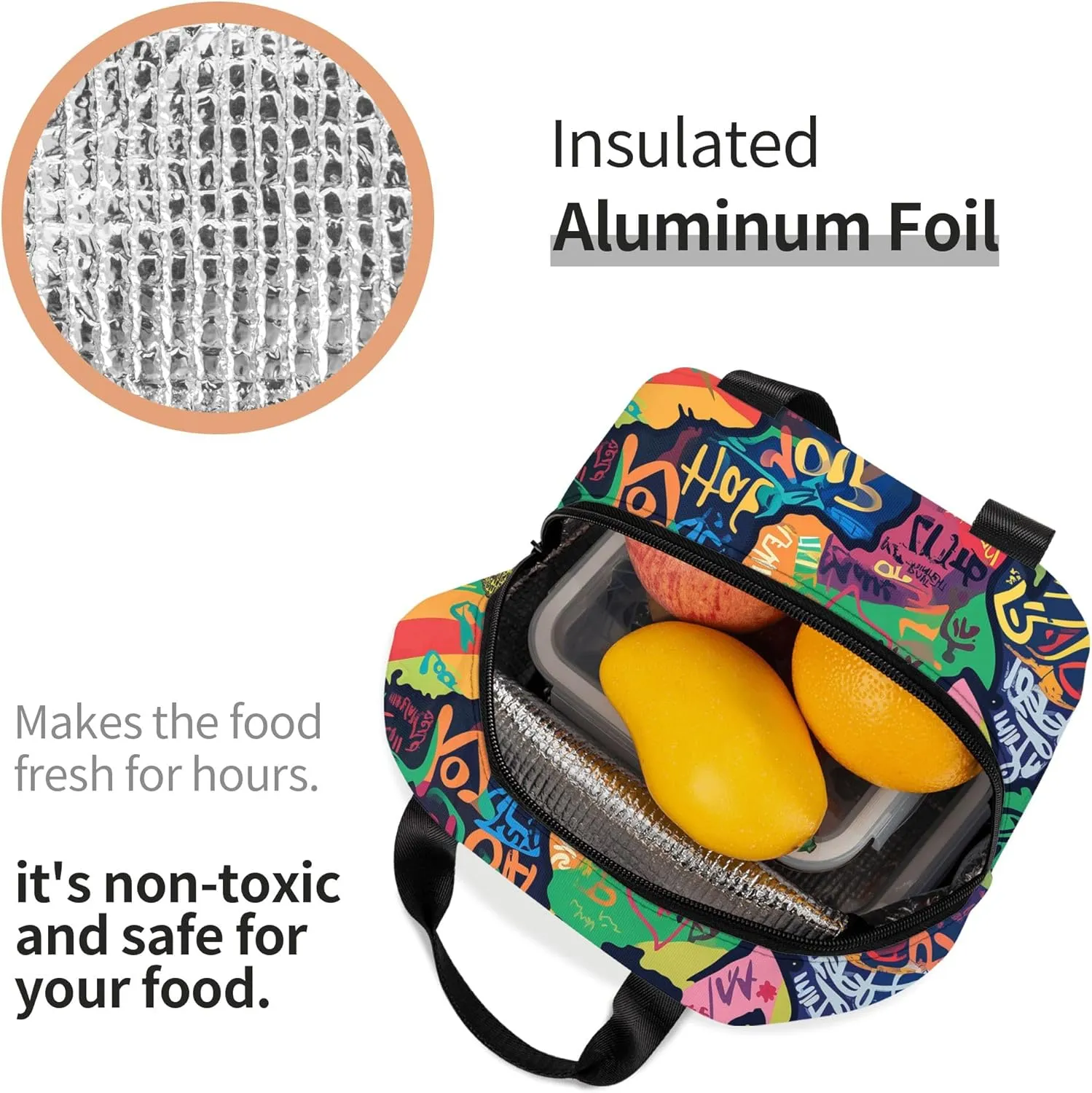 80s 90s Abstract Graffiti Lunch Bag, Unisex Reusable Insulated Lunch Tote Box, Thermal Cooler Sack Food Handbags Case High Capacity for Travel Work Picnic