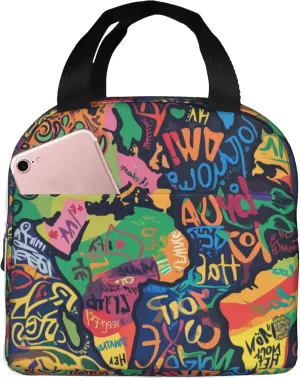 80s 90s Abstract Graffiti Lunch Bag, Unisex Reusable Insulated Lunch Tote Box, Thermal Cooler Sack Food Handbags Case High Capacity for Travel Work Picnic
