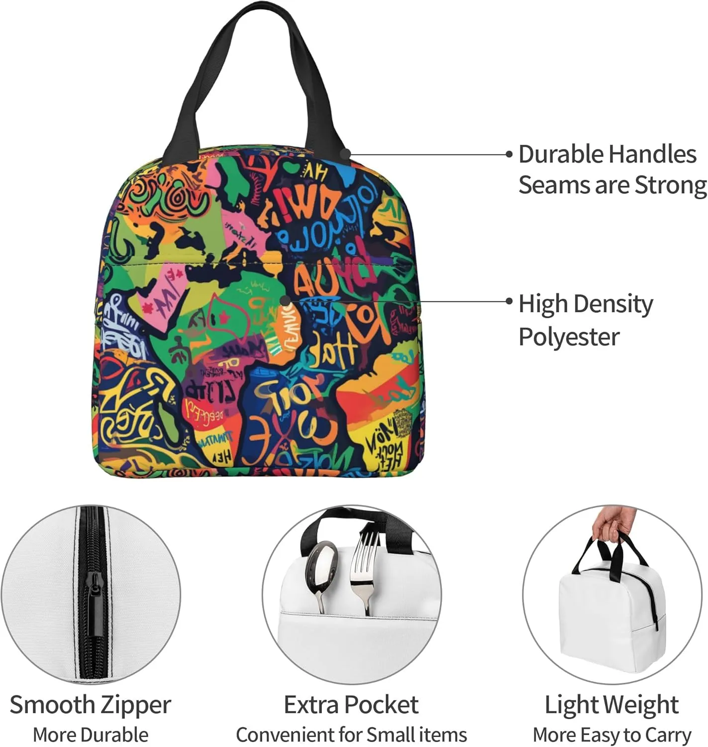 80s 90s Abstract Graffiti Lunch Bag, Unisex Reusable Insulated Lunch Tote Box, Thermal Cooler Sack Food Handbags Case High Capacity for Travel Work Picnic