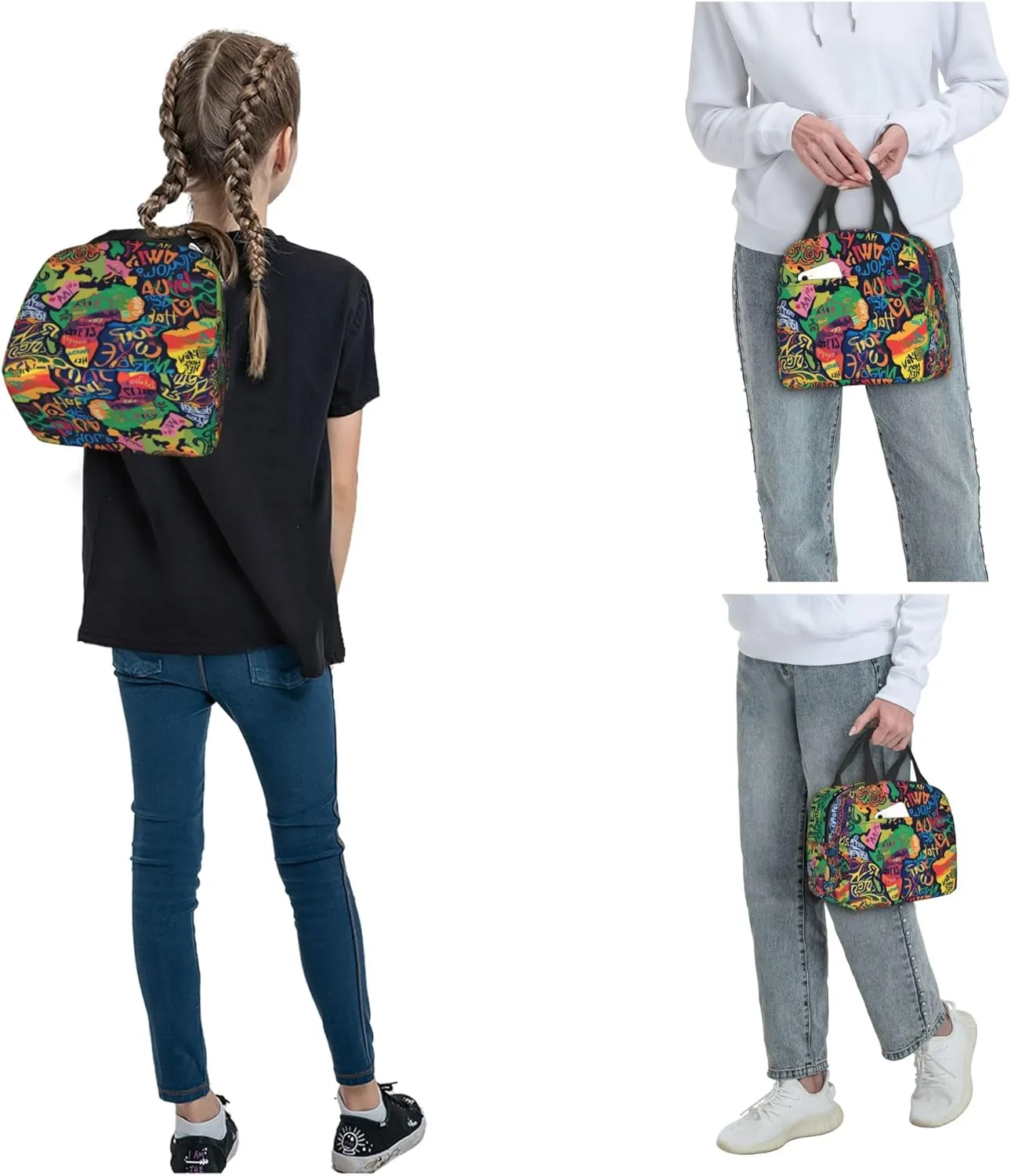 80s 90s Abstract Graffiti Lunch Bag, Unisex Reusable Insulated Lunch Tote Box, Thermal Cooler Sack Food Handbags Case High Capacity for Travel Work Picnic