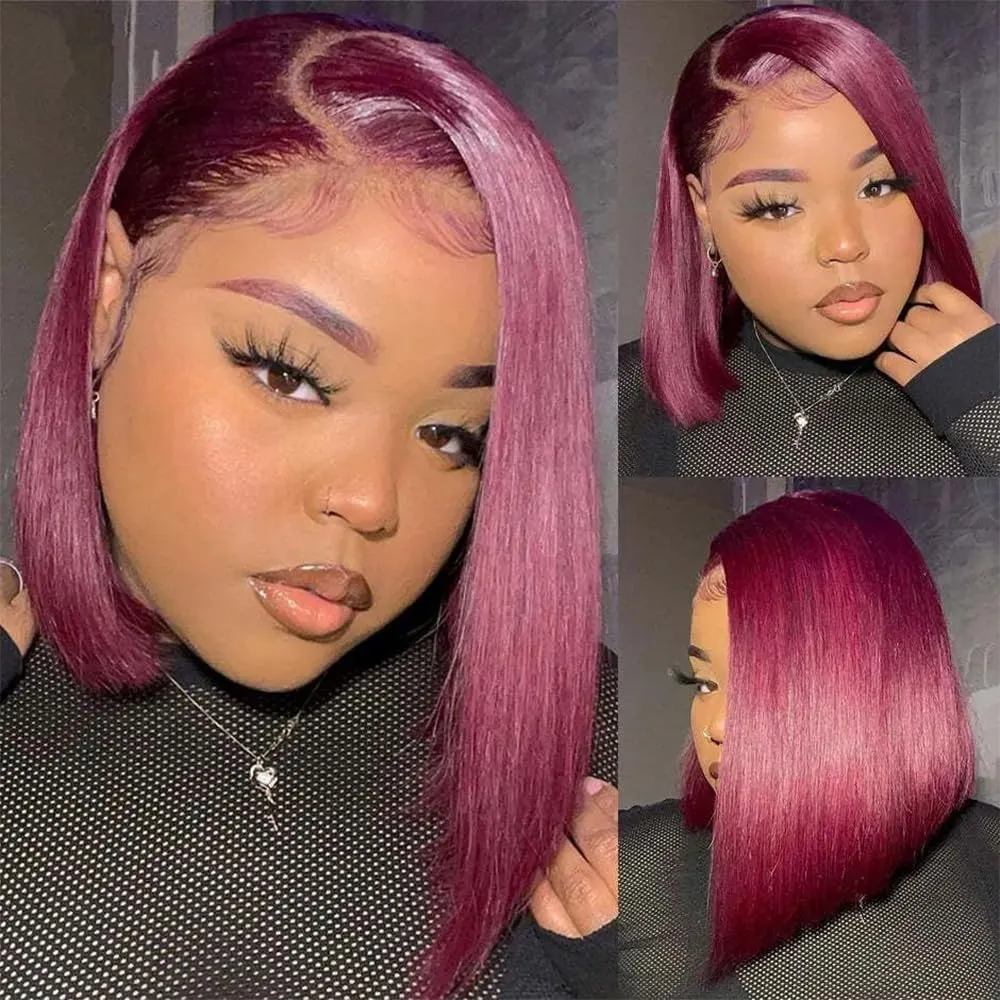 99J Burgundy Lace Front Wigs Human Hair 12 Inch 13x4 HD Lace Frontal Straight Short Bob Wig Human Hair Pre Plucked 180% Density 99J Bob Wigs for Women Glueless Natural Hairline with Baby Hair Wine Red