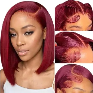 99J Burgundy Lace Front Wigs Human Hair 12 Inch 13x4 HD Lace Frontal Straight Short Bob Wig Human Hair Pre Plucked 180% Density 99J Bob Wigs for Women Glueless Natural Hairline with Baby Hair Wine Red