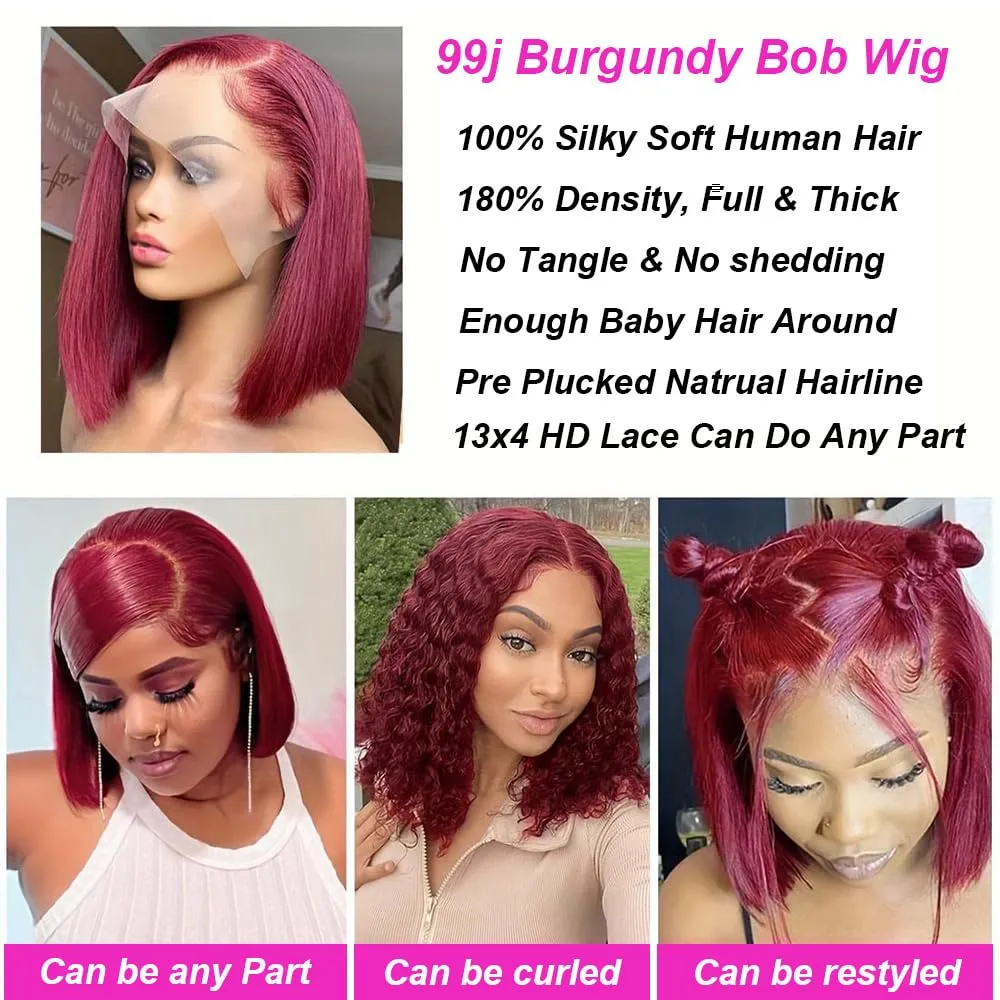 99J Burgundy Lace Front Wigs Human Hair 12 Inch 13x4 HD Lace Frontal Straight Short Bob Wig Human Hair Pre Plucked 180% Density 99J Bob Wigs for Women Glueless Natural Hairline with Baby Hair Wine Red