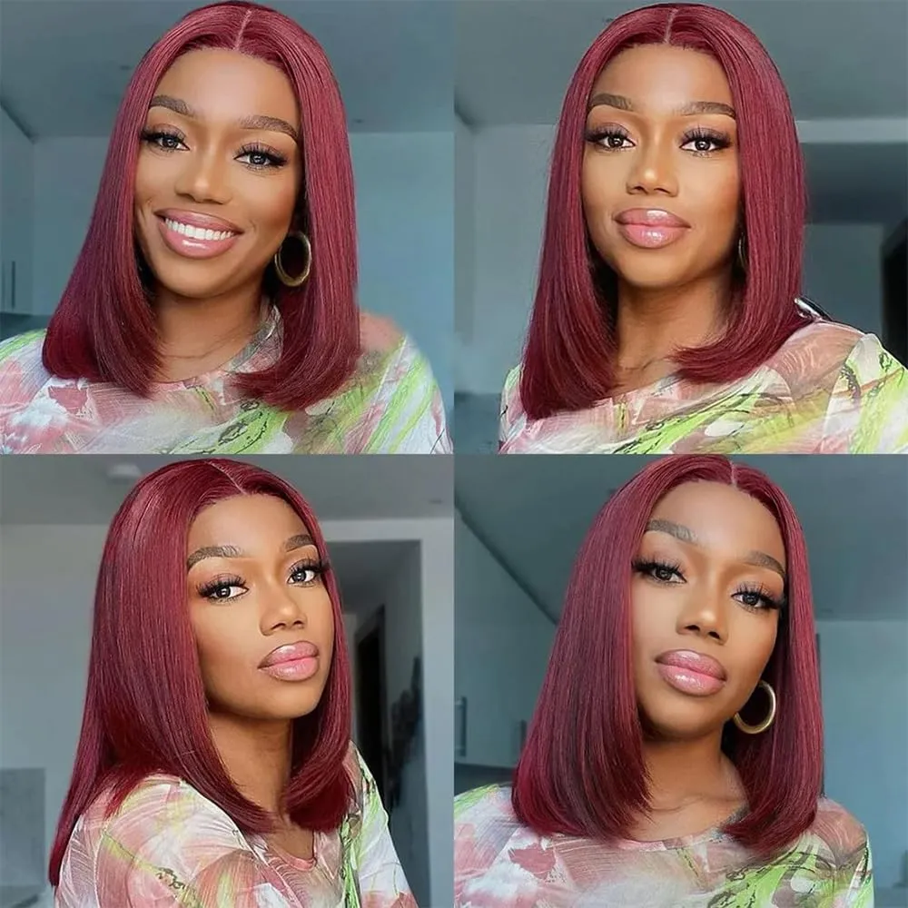 99J Burgundy Lace Front Wigs Human Hair 12 Inch 13x4 HD Lace Frontal Straight Short Bob Wig Human Hair Pre Plucked 180% Density 99J Bob Wigs for Women Glueless Natural Hairline with Baby Hair Wine Red