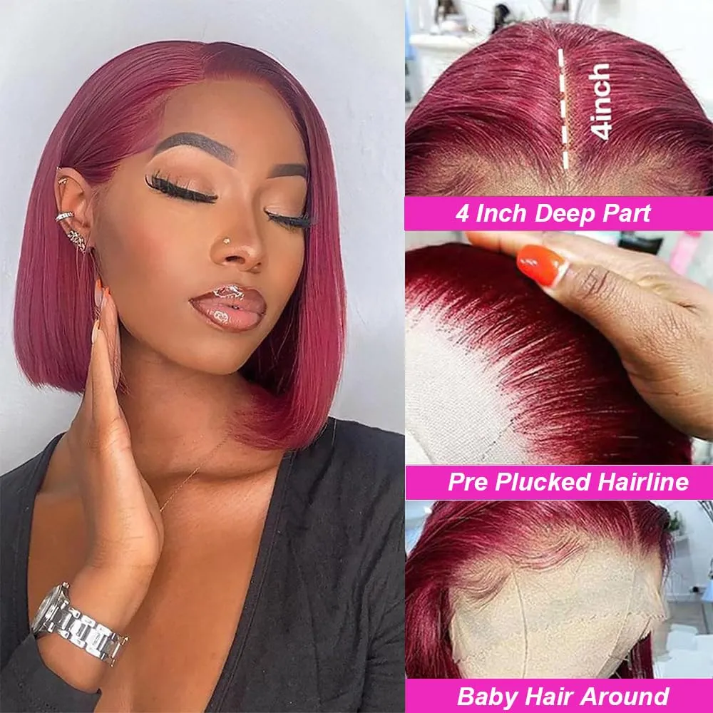 99J Burgundy Lace Front Wigs Human Hair 12 Inch 13x4 HD Lace Frontal Straight Short Bob Wig Human Hair Pre Plucked 180% Density 99J Bob Wigs for Women Glueless Natural Hairline with Baby Hair Wine Red