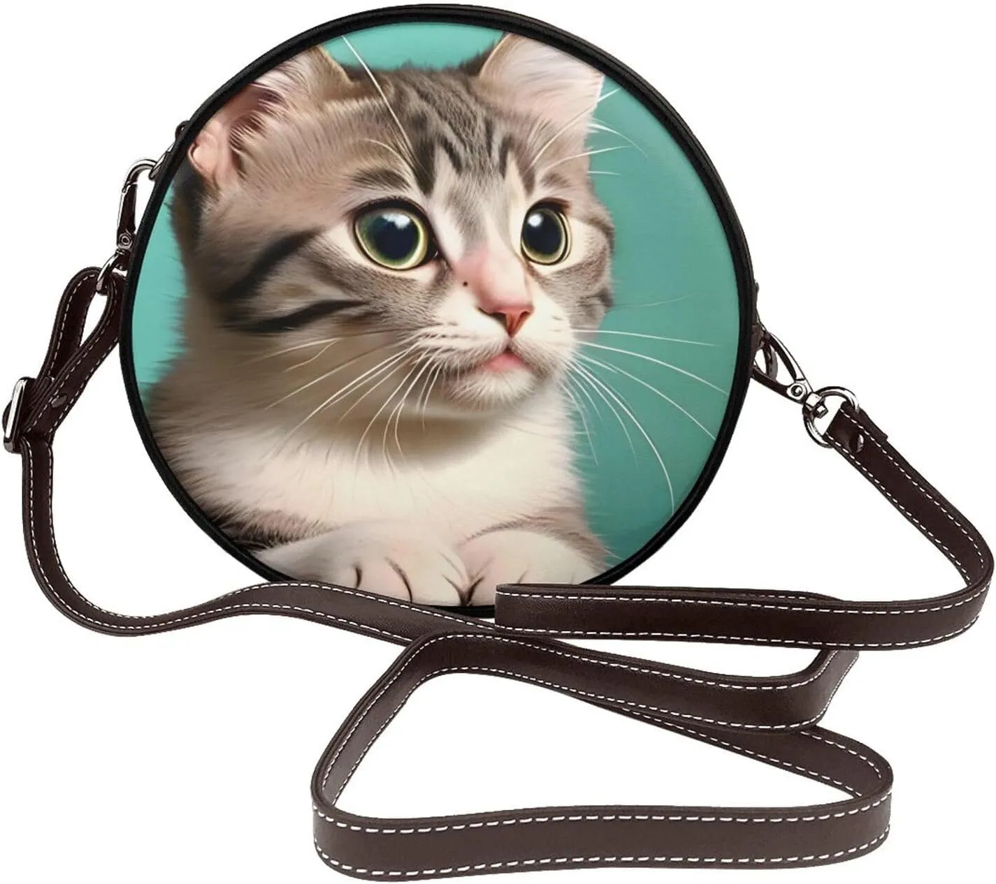 A Curious Cat Removable Shoulder Strap Waterproof Leather Shoulder Round Bag Crossbody Bag Travel Shopping Dating Handbag Purse