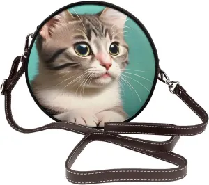 A Curious Cat Removable Shoulder Strap Waterproof Leather Shoulder Round Bag Crossbody Bag Travel Shopping Dating Handbag Purse