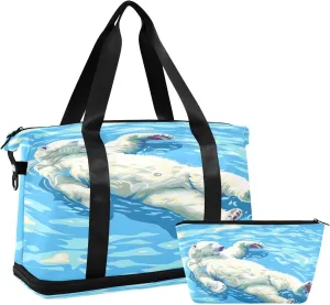 A Polar Bear Floating in Water Travel Duffel Bag Gym Tote Bag for Sports Waterproof Carry On Weekender Bag with Compartment