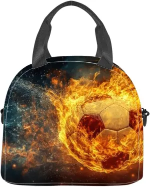 A soccer ball engulfed flames against a dark smoky Insulated Adult Lunch Bag with Shoulder Strap for Women Lightweight Reusable Portable Freezable Lunch Tote Bag for Work Picnic