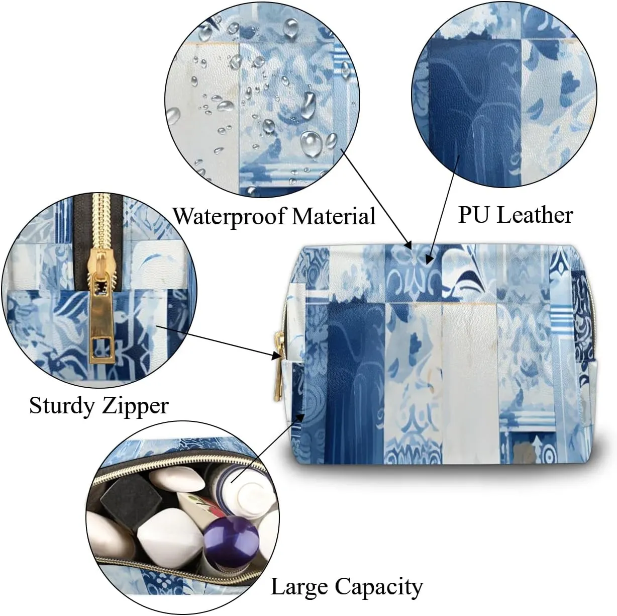 Abstract Beauty Boho Pattern Travel Makeup Bag for Women, PU Leather Waterproof Checkered Cosmetic Bags Large Make up Bag Zipper Pouch