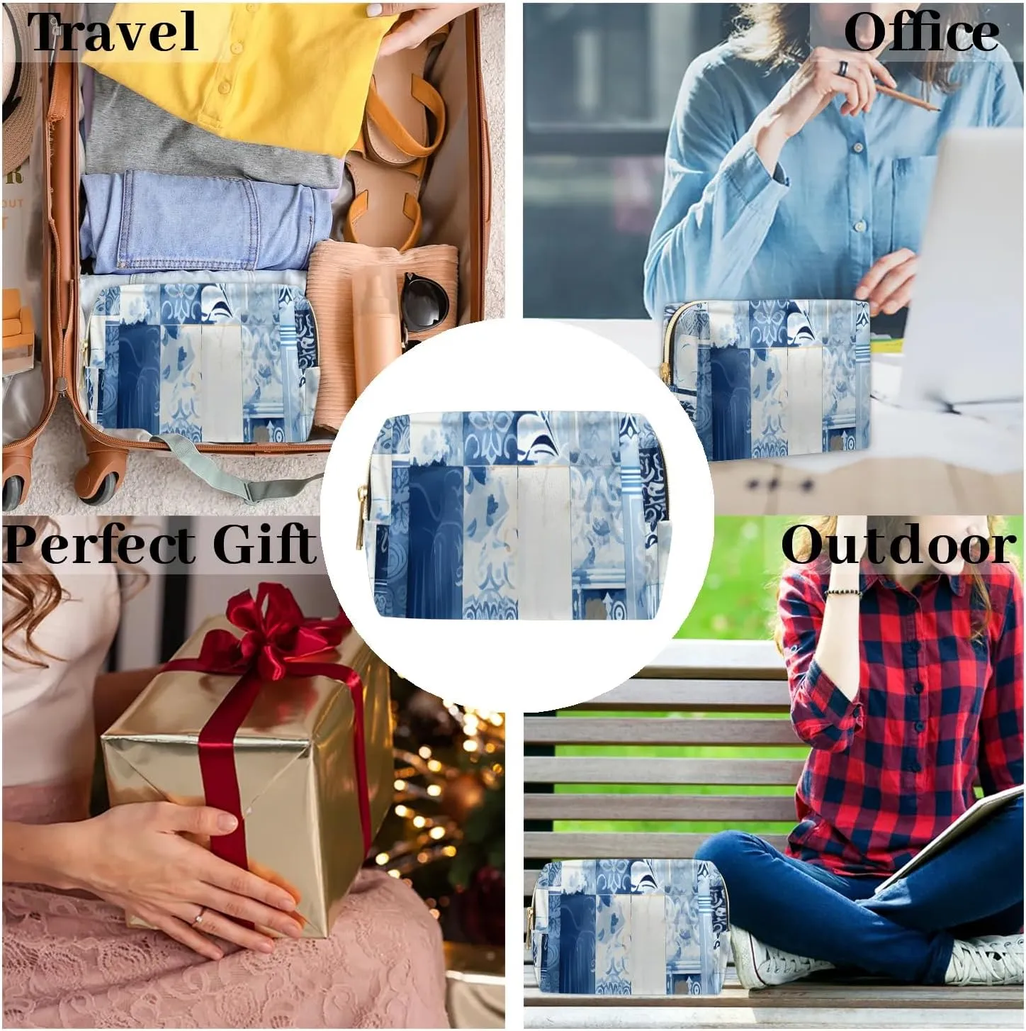 Abstract Beauty Boho Pattern Travel Makeup Bag for Women, PU Leather Waterproof Checkered Cosmetic Bags Large Make up Bag Zipper Pouch