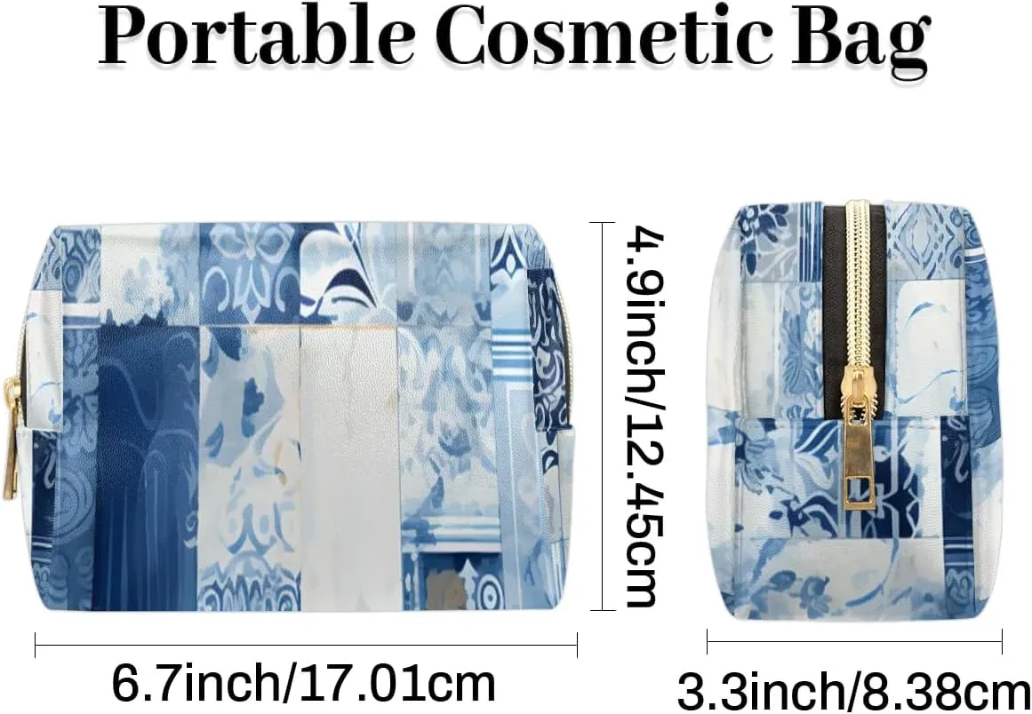 Abstract Beauty Boho Pattern Travel Makeup Bag for Women, PU Leather Waterproof Checkered Cosmetic Bags Large Make up Bag Zipper Pouch