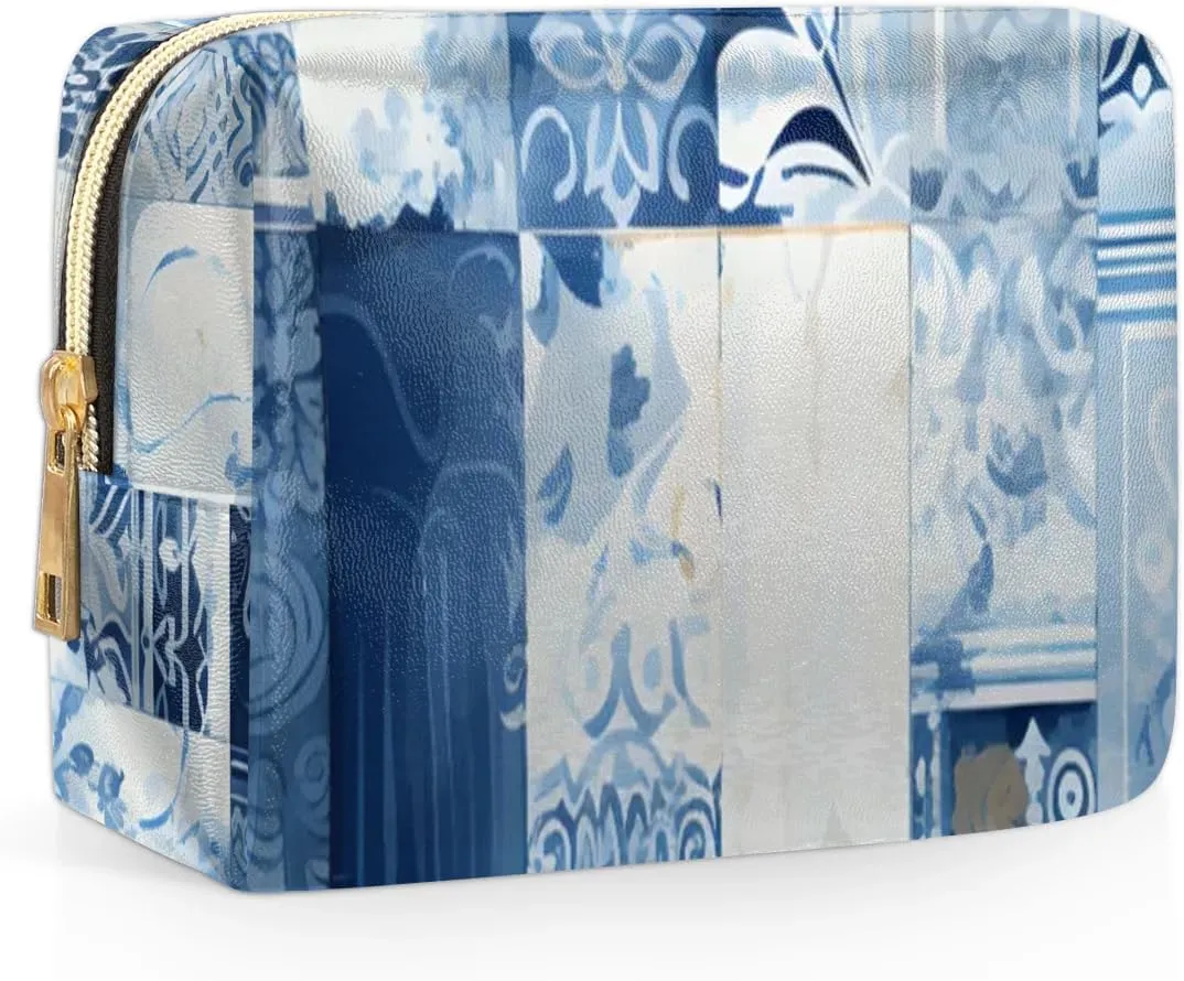 Abstract Beauty Boho Pattern Travel Makeup Bag for Women, PU Leather Waterproof Checkered Cosmetic Bags Large Make up Bag Zipper Pouch
