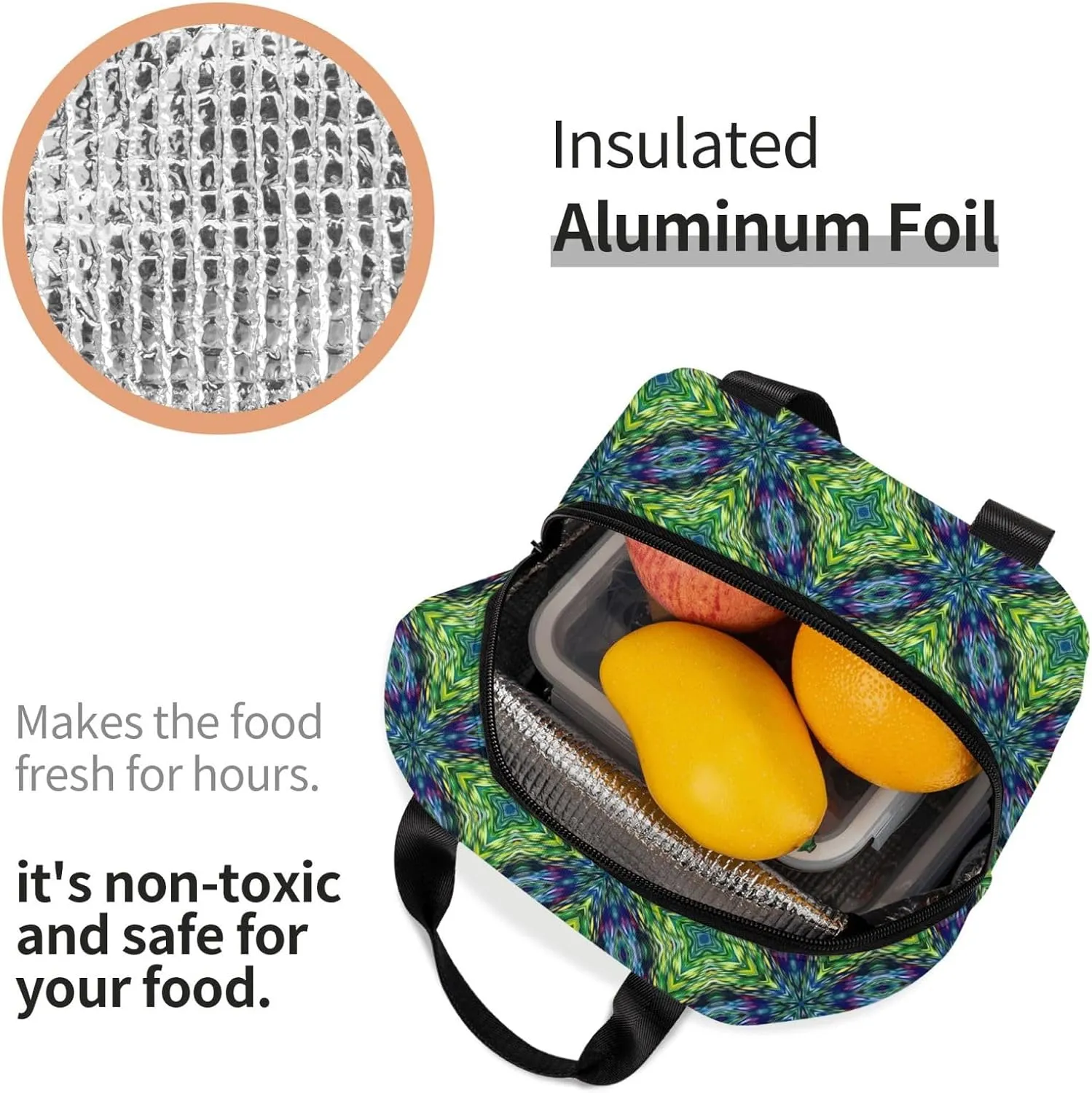 Abstract Symmetrical Green Pattern Lunch Bag, Large Capacity Reusable Insulated Cooler Lunch Container For Work Office Picnic Or Travel