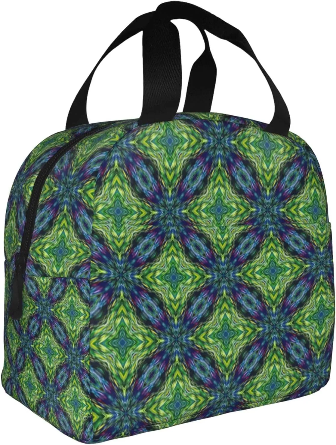 Abstract Symmetrical Green Pattern Lunch Bag, Large Capacity Reusable Insulated Cooler Lunch Container For Work Office Picnic Or Travel