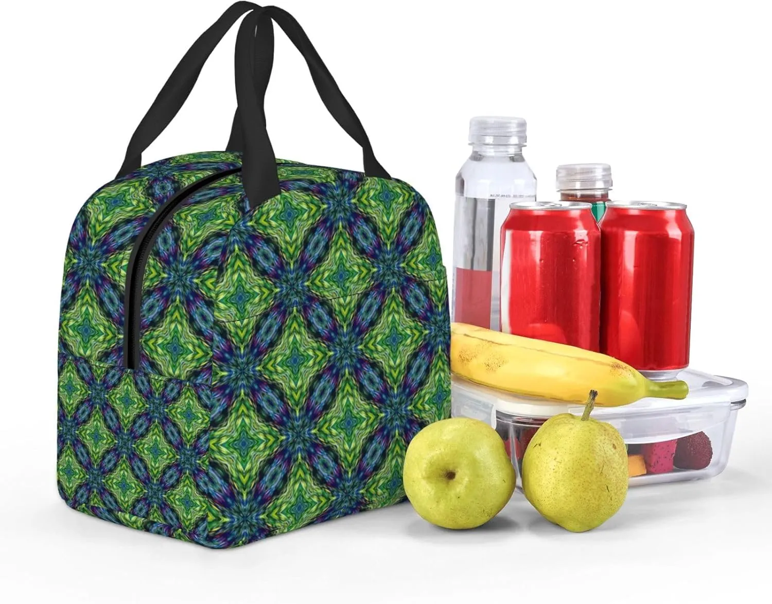 Abstract Symmetrical Green Pattern Lunch Bag, Large Capacity Reusable Insulated Cooler Lunch Container For Work Office Picnic Or Travel