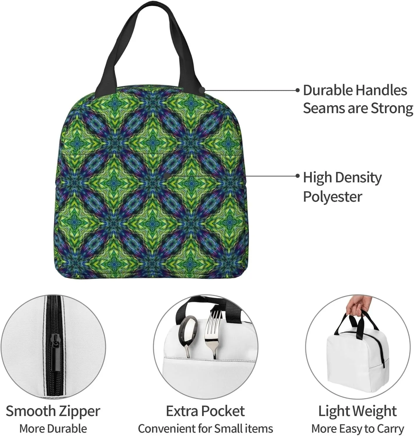 Abstract Symmetrical Green Pattern Lunch Bag, Large Capacity Reusable Insulated Cooler Lunch Container For Work Office Picnic Or Travel