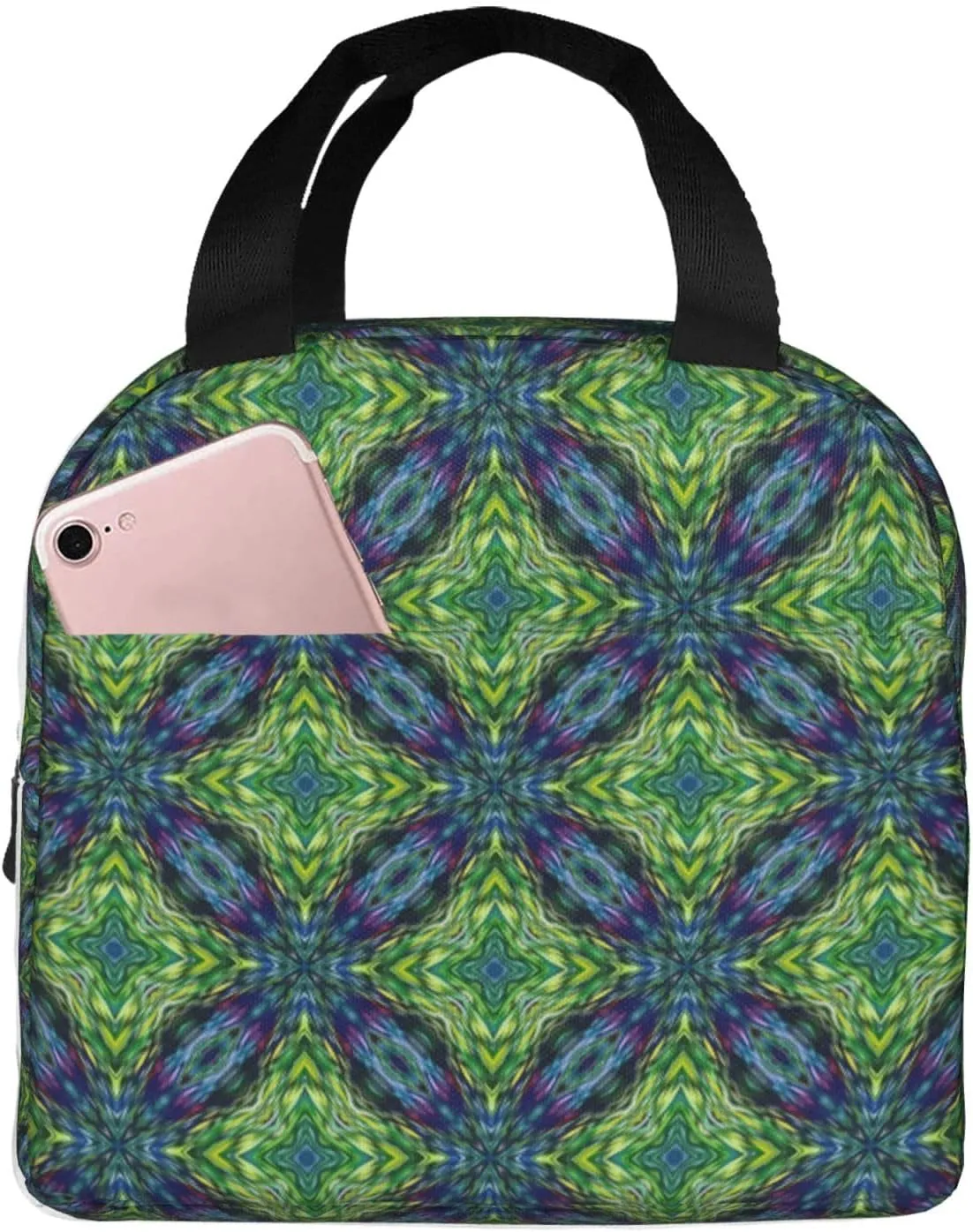 Abstract Symmetrical Green Pattern Lunch Bag, Large Capacity Reusable Insulated Cooler Lunch Container For Work Office Picnic Or Travel