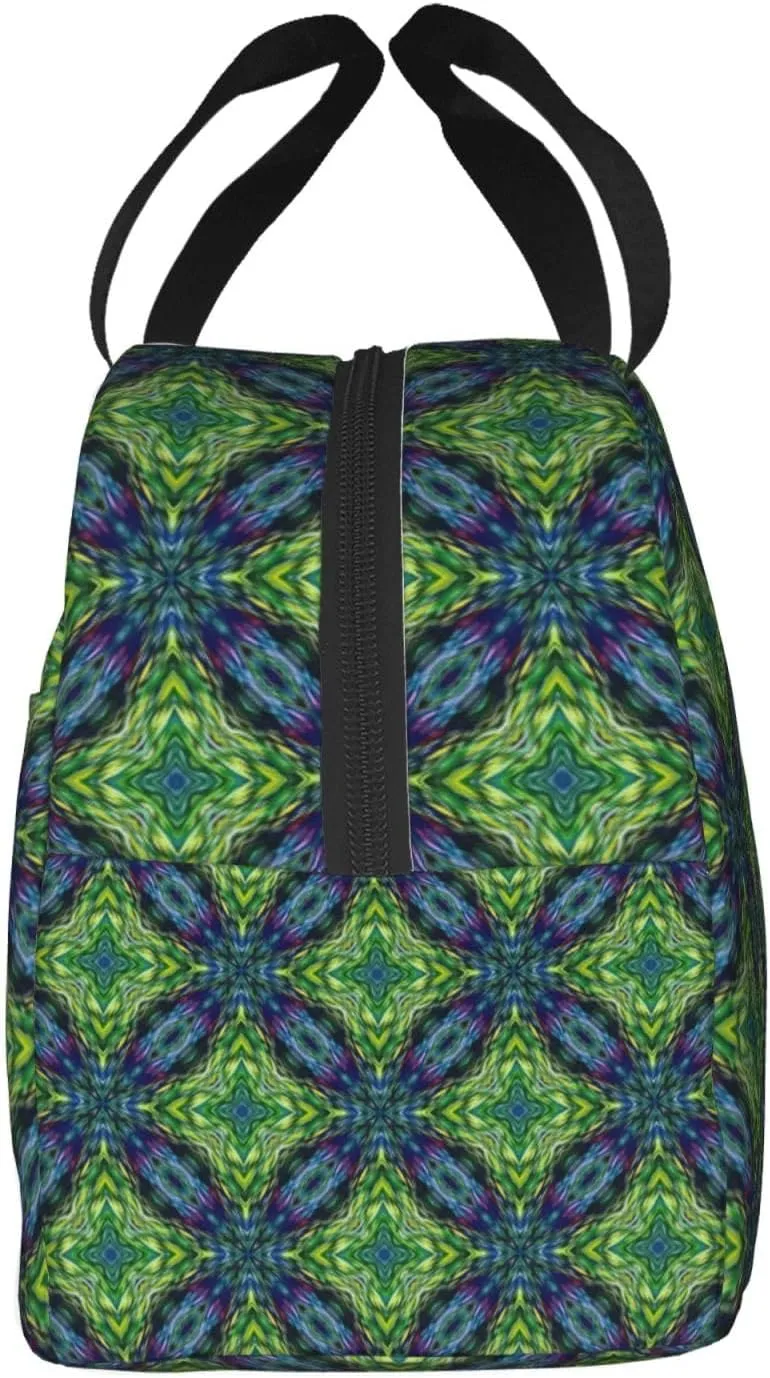 Abstract Symmetrical Green Pattern Lunch Bag, Large Capacity Reusable Insulated Cooler Lunch Container For Work Office Picnic Or Travel